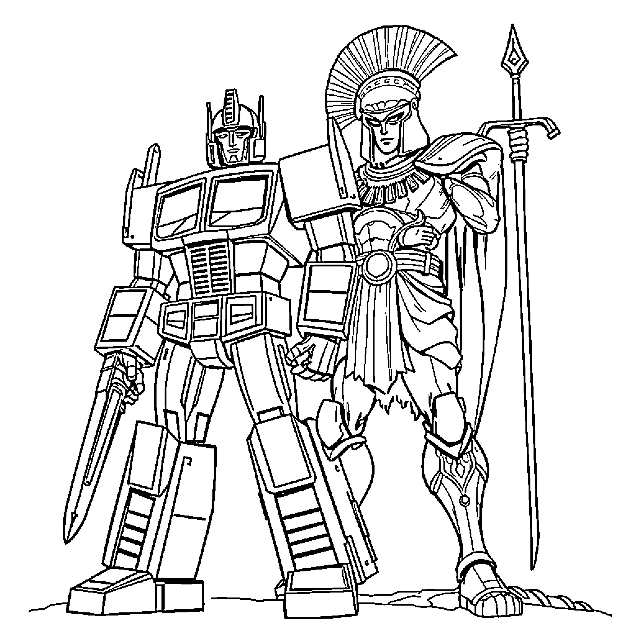 Optimus Prime battles a heroic warrior with a spear Coloring Page (free black-and-white line drawing printable PDF for all, from beginners to advanced learners, including children, teens, adults, and seniors)