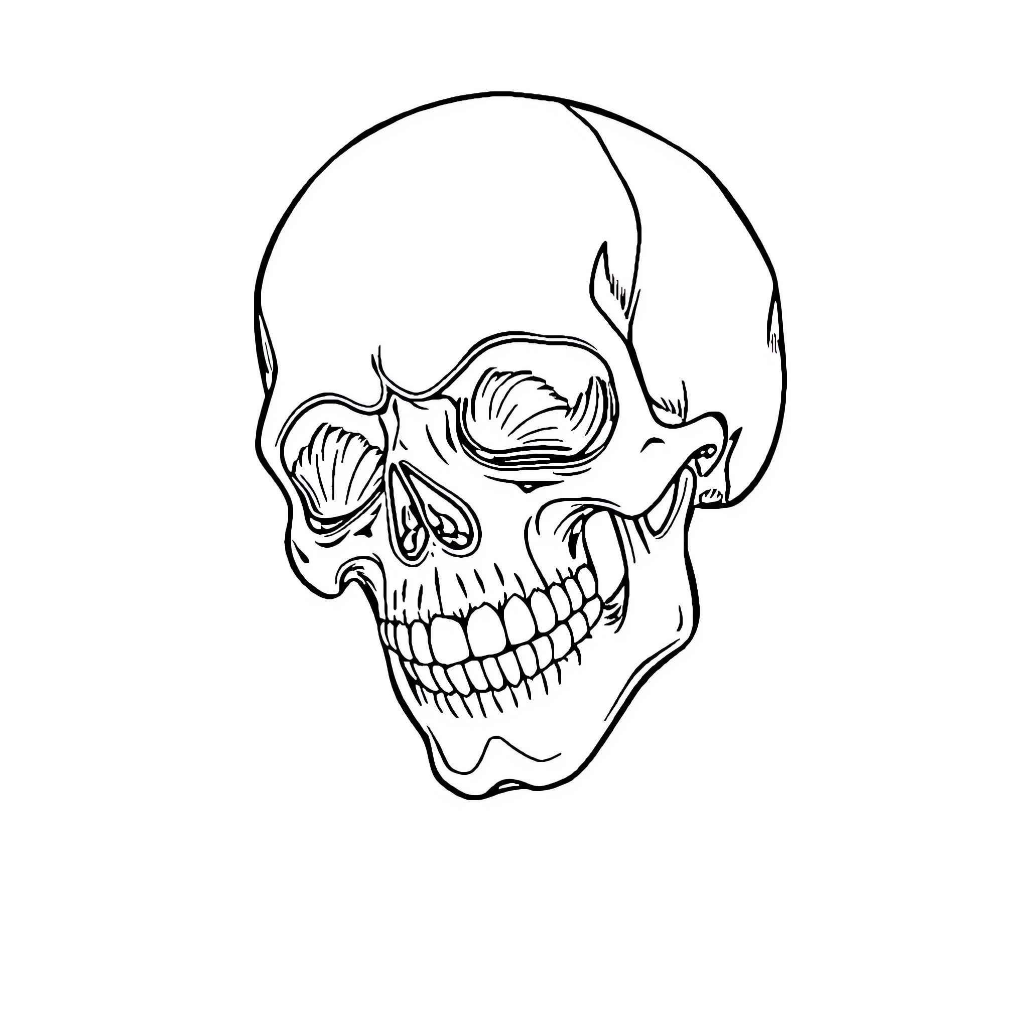 Skull with Exaggerated Facial Features Coloring Page (free black-and-white line drawing printable PDF for all, from beginners to advanced learners, including children, teens, adults, and seniors)