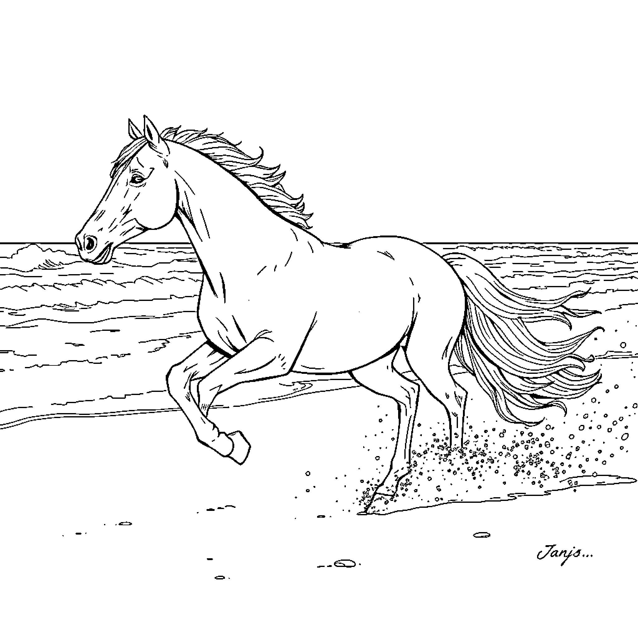 Horse running swiftly through the waves Coloring Page (free black-and-white line drawing printable PDF for all, from beginners to advanced learners, including children, teens, adults, and seniors)