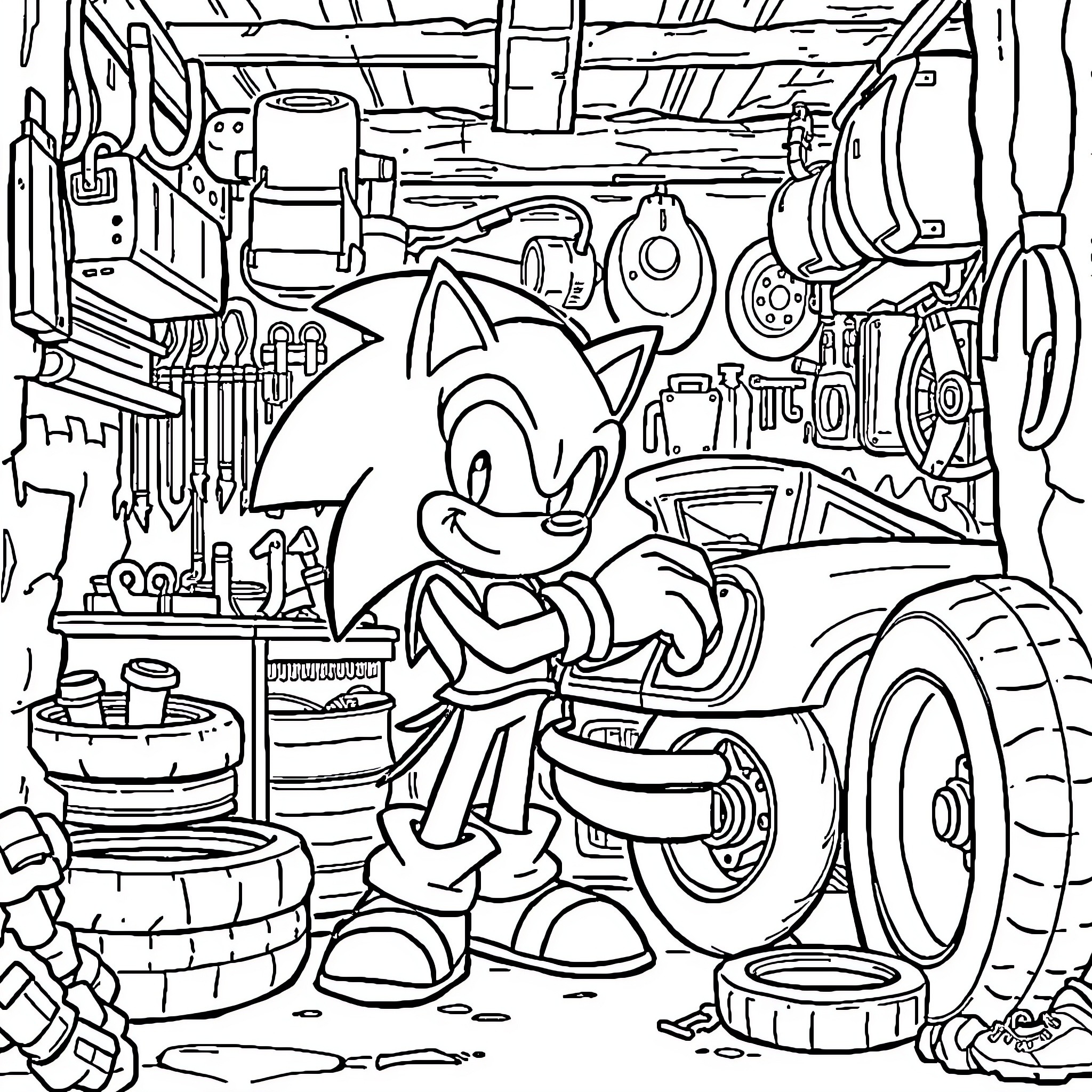 Sonic's Workshop Adventure Coloring Page (free black-and-white line drawing printable PDF for all, from beginners to advanced learners, including children, teens, adults, and seniors)