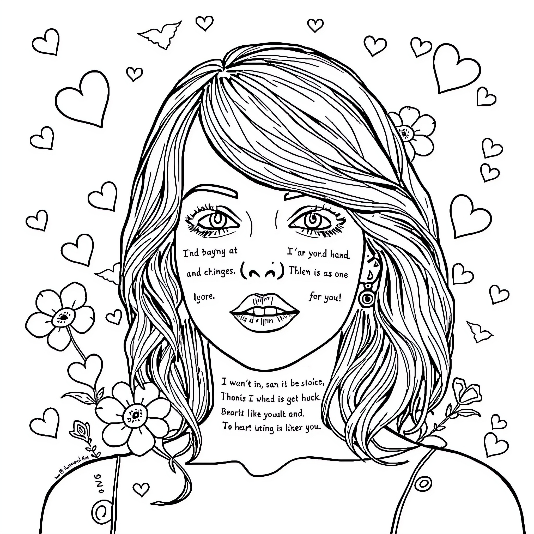 Taylor Swift expressing herself with flowers and hearts Coloring Page (free black-and-white line drawing printable PDF for all, from beginners to advanced learners, including children, teens, adults, and seniors)