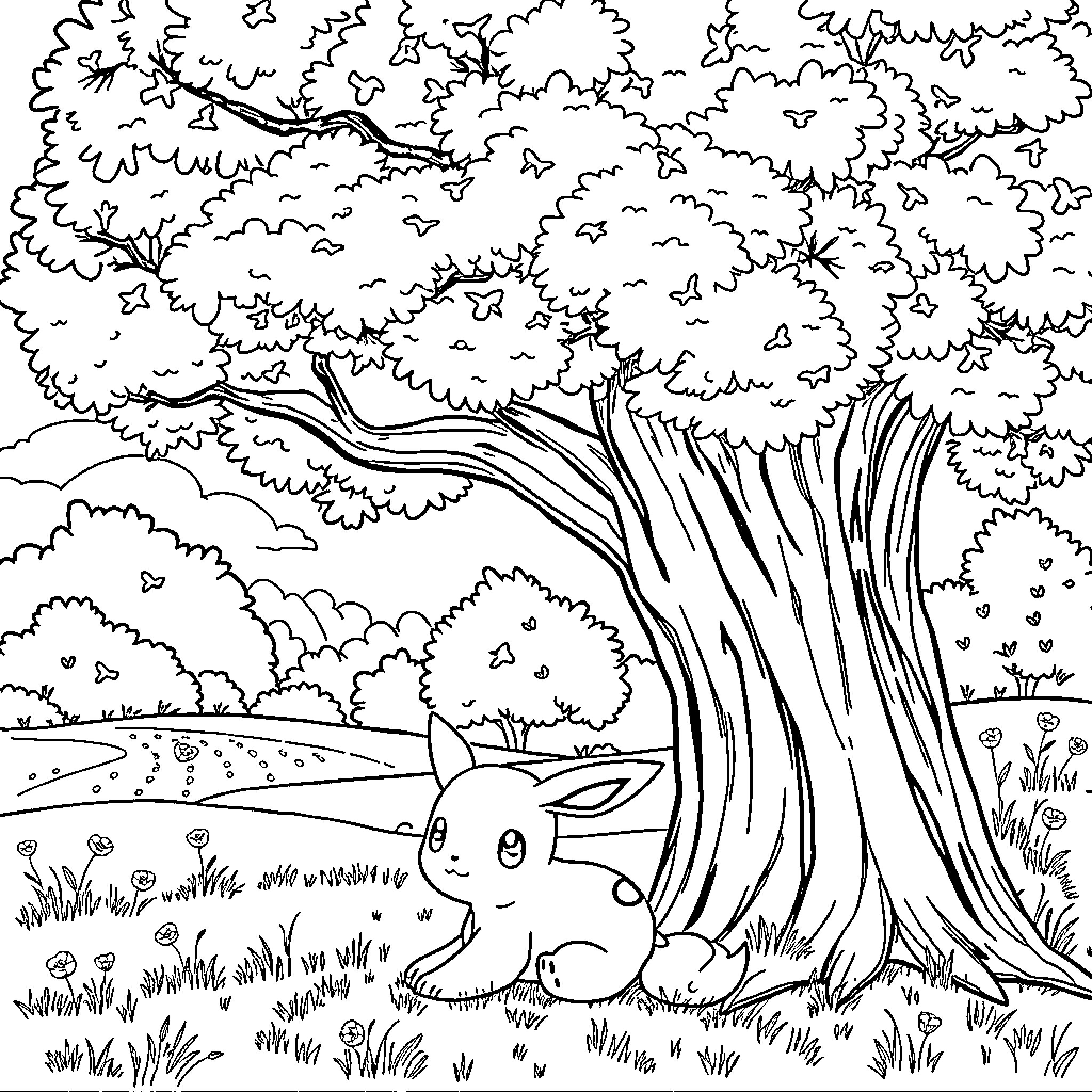 Pokémon Eevee in a Scenic Forest Coloring Page (free black-and-white line drawing printable PDF for all, from beginners to advanced learners, including children, teens, adults, and seniors)