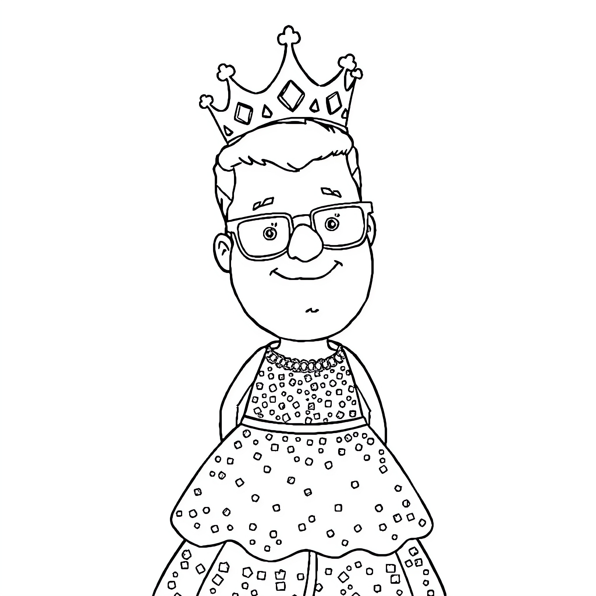 Hank Hill wearing a crown and dotted outfit Coloring Page (free black-and-white line drawing printable PDF for all, from beginners to advanced learners, including children, teens, adults, and seniors)