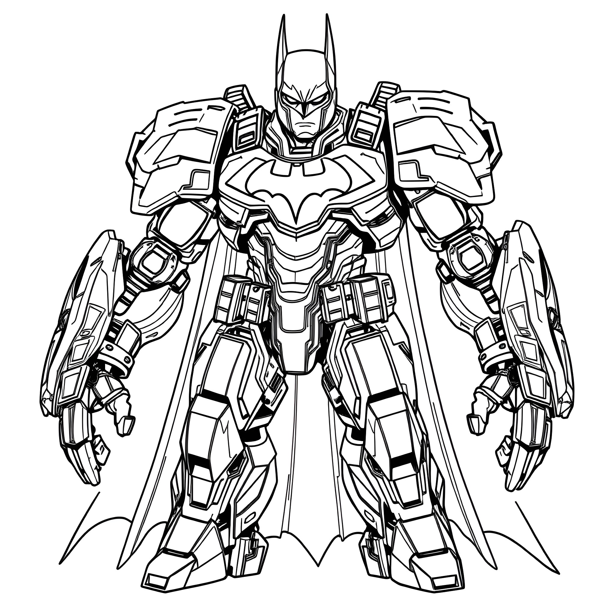 Batman in Futuristic Armored Suit Coloring Page (free black-and-white line drawing printable PDF for all, from beginners to advanced learners, including children, teens, adults, and seniors)