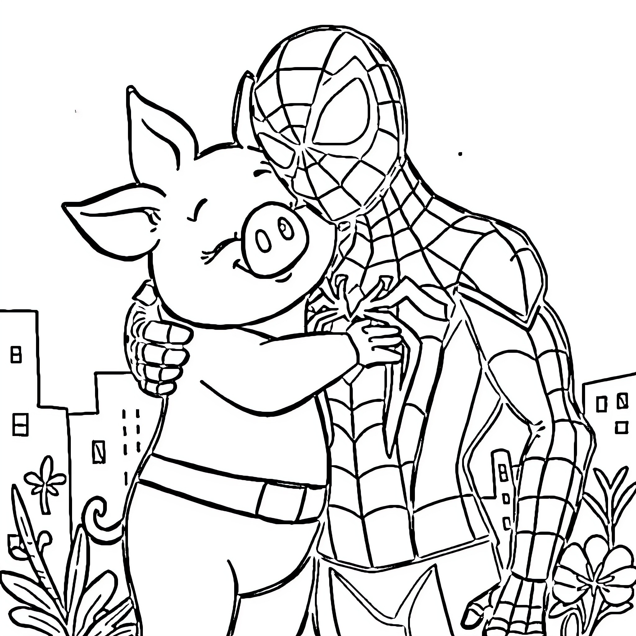 Pepper Pig interacting with superhero in the city Coloring Page (free black-and-white line drawing printable PDF for all, from beginners to advanced learners, including children, teens, adults, and seniors)