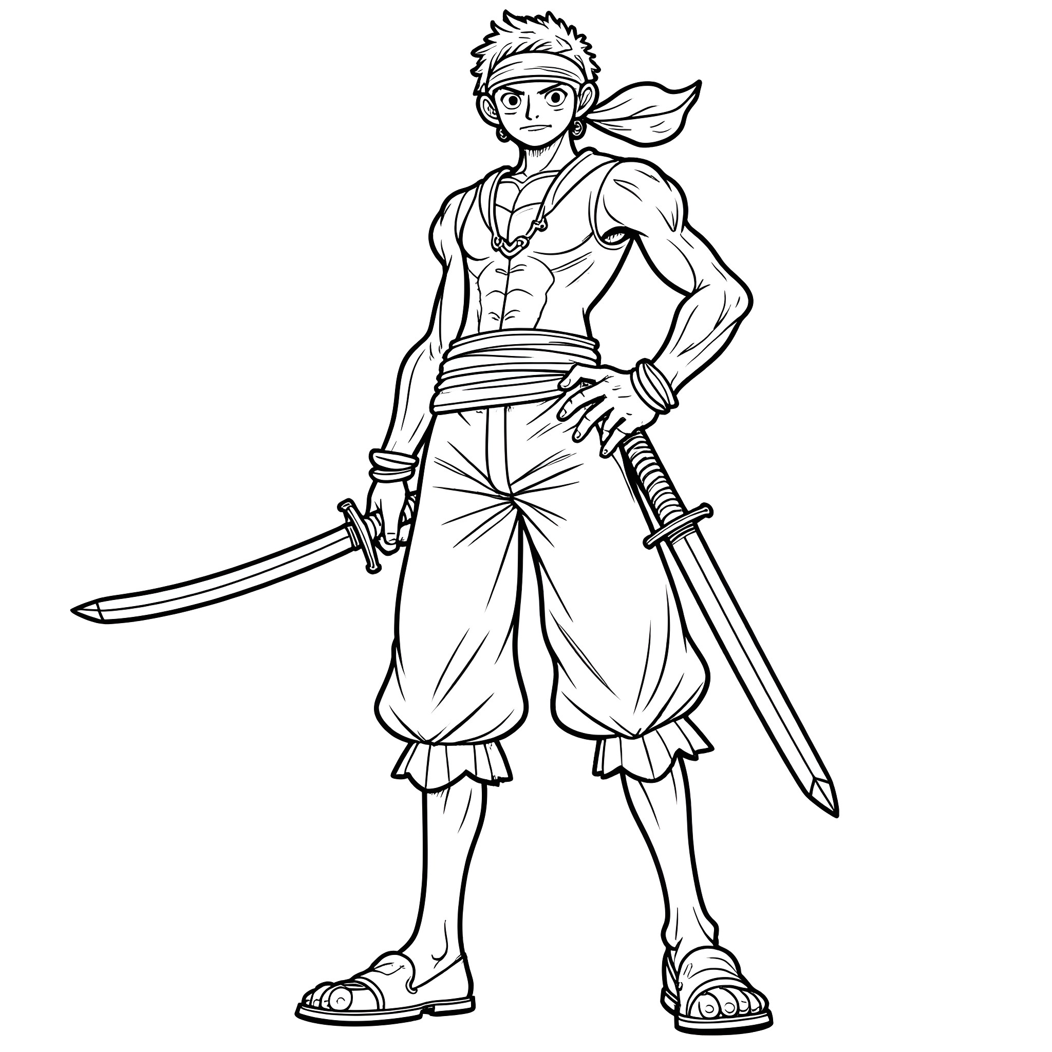 Zoro the Swordsman in Action Pose Coloring Page (free black-and-white line drawing printable PDF for all, from beginners to advanced learners, including children, teens, adults, and seniors)