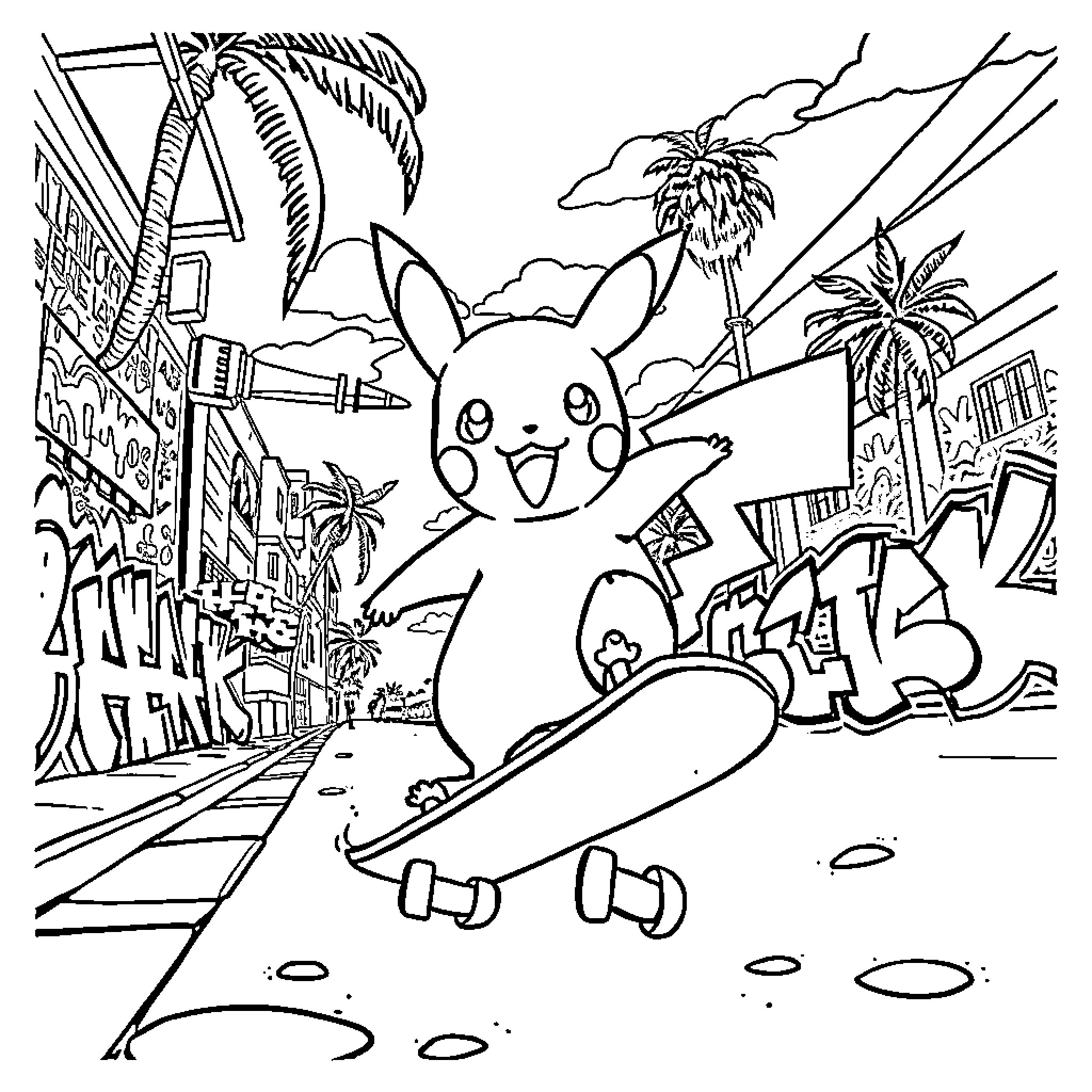 Pokémon character exploring a tropical town Coloring Page (free black-and-white line drawing printable PDF for all, from beginners to advanced learners, including children, teens, adults, and seniors)