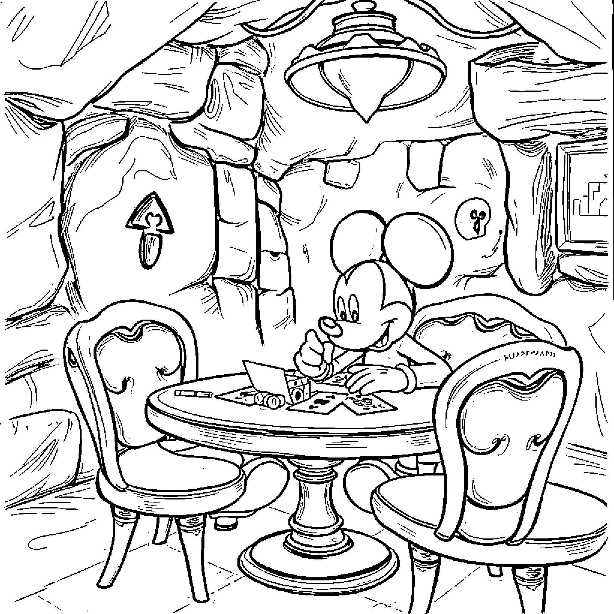 Mickey Mouse enjoying a meal at the table Coloring Page (free black-and-white line drawing printable PDF for all, from beginners to advanced learners, including children, teens, adults, and seniors)