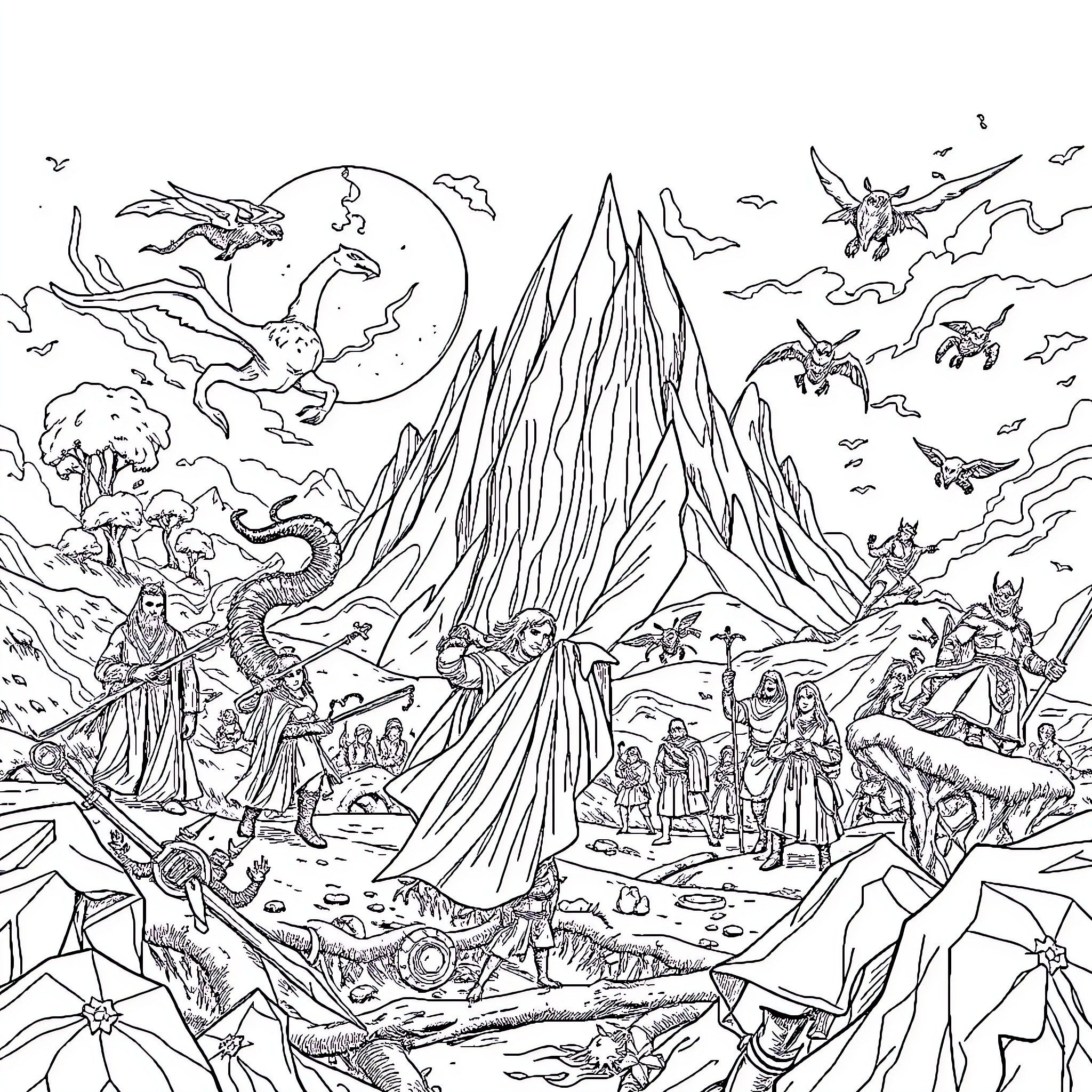 Lord of the Rings: Majestic Mountain Scenes and Fantastical Creatures Coloring Page (free black-and-white line drawing printable PDF for all, from beginners to advanced learners, including children, teens, adults, and seniors)