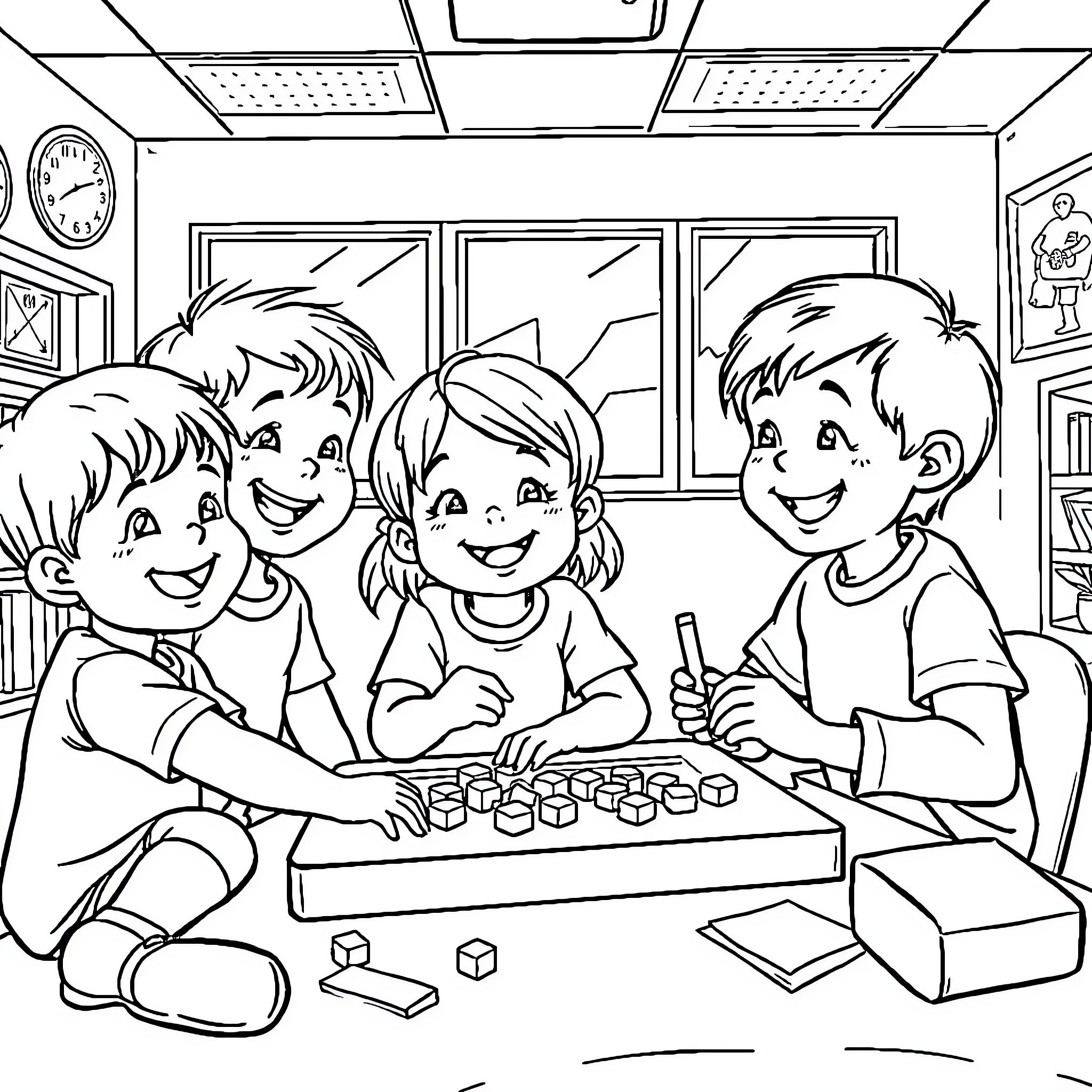Children Playing Joyfully in Classroom Coloring Page (free black-and-white line drawing printable PDF for all, from beginners to advanced learners, including children, teens, adults, and seniors)