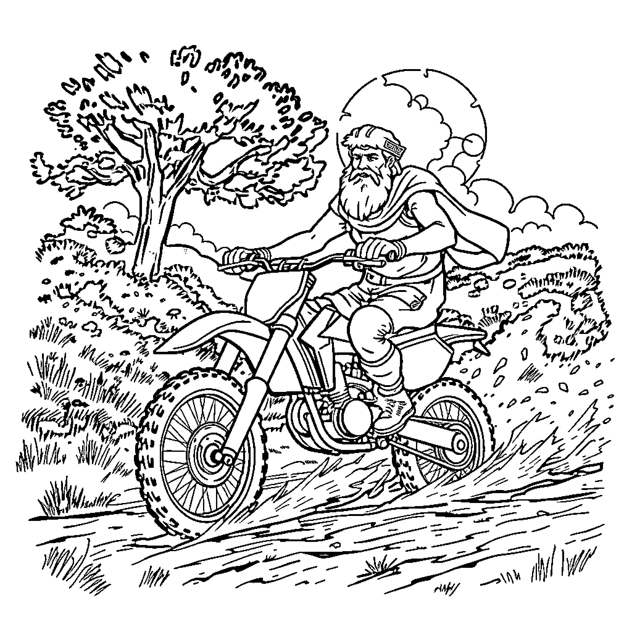 Sophocles on a Motorcycle Ride through Nature Coloring Page (free black-and-white line drawing printable PDF for all, from beginners to advanced learners, including children, teens, adults, and seniors)
