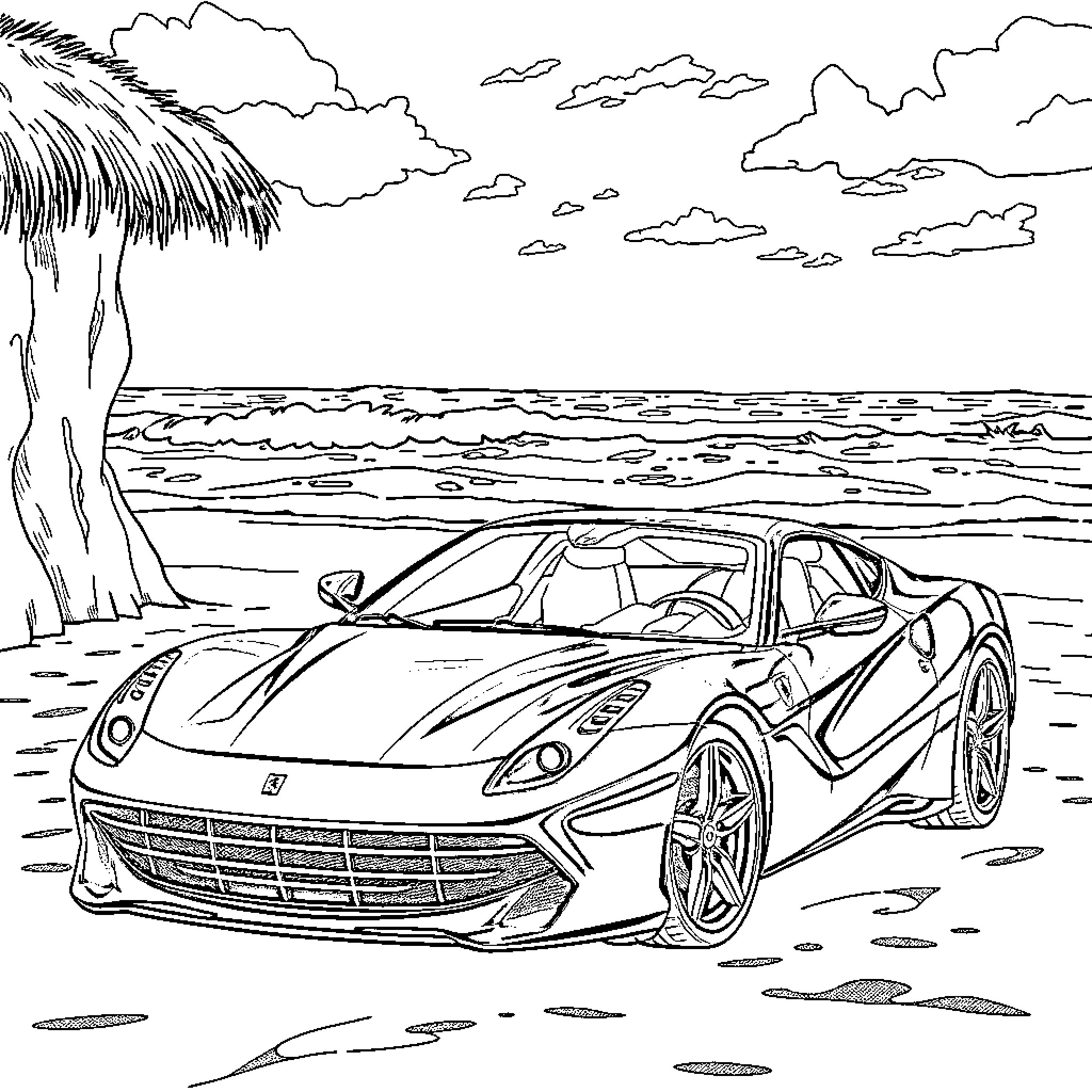 Ferrari sports car on a tropical beach Coloring Page (free black-and-white line drawing printable PDF for all, from beginners to advanced learners, including children, teens, adults, and seniors)