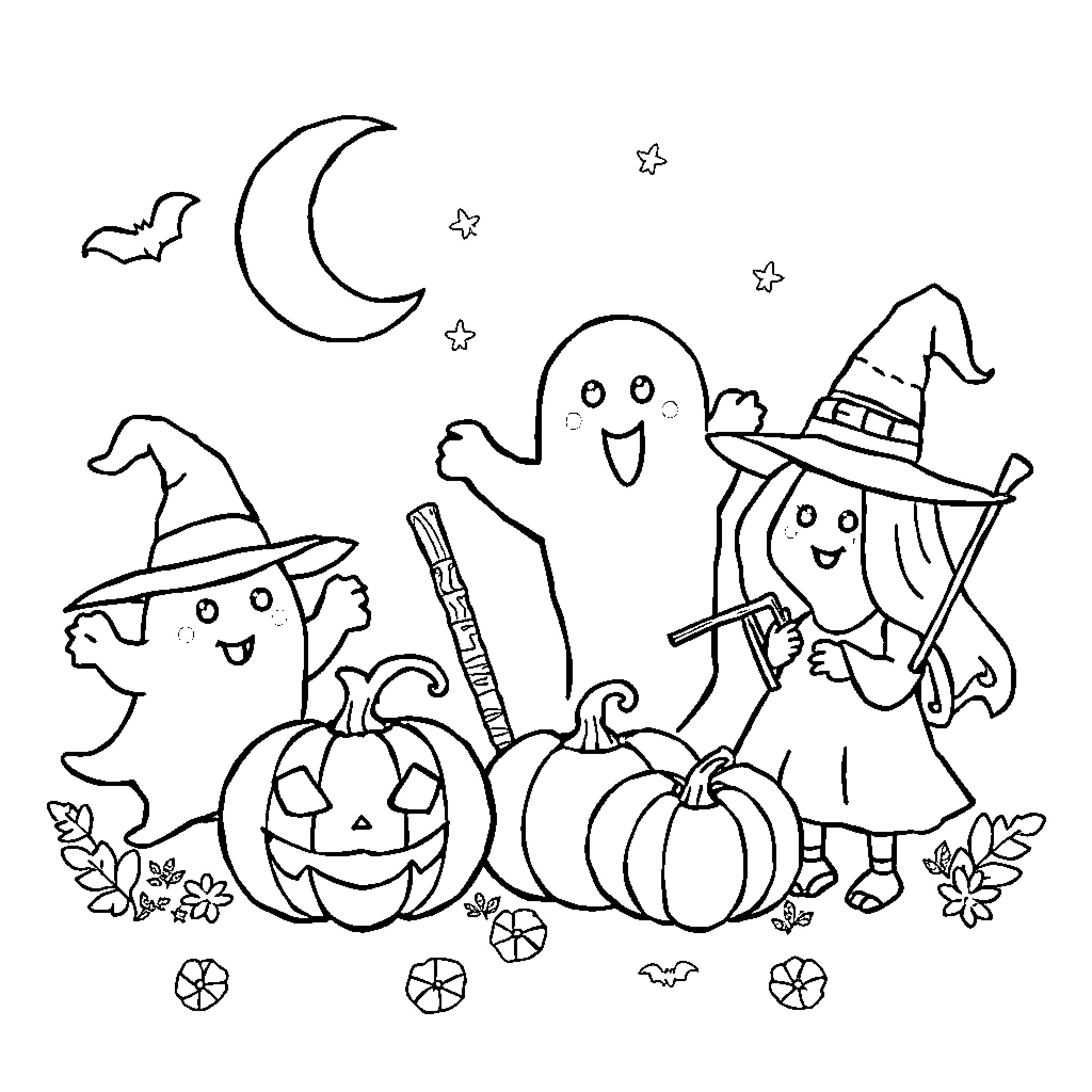 Creature enjoying Halloween festivities with friends Coloring Page (free black-and-white line drawing printable PDF for all, from beginners to advanced learners, including children, teens, adults, and seniors)