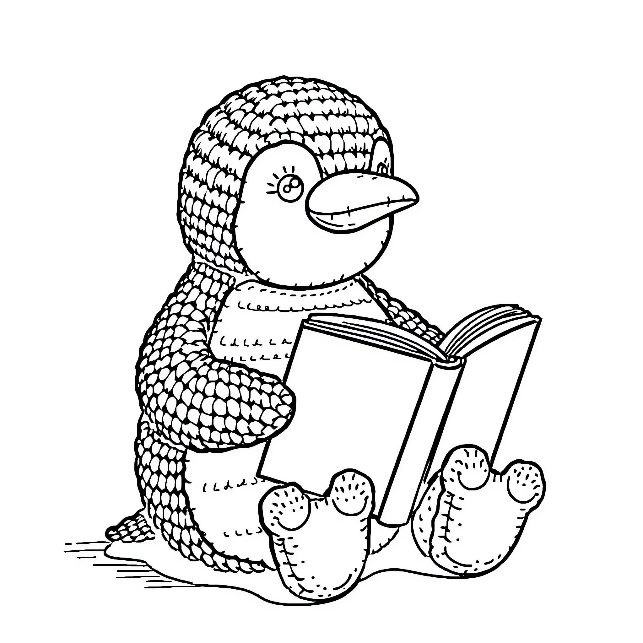 Penguin reading a book with curiosity Coloring Page (free black-and-white line drawing printable PDF for all, from beginners to advanced learners, including children, teens, adults, and seniors)