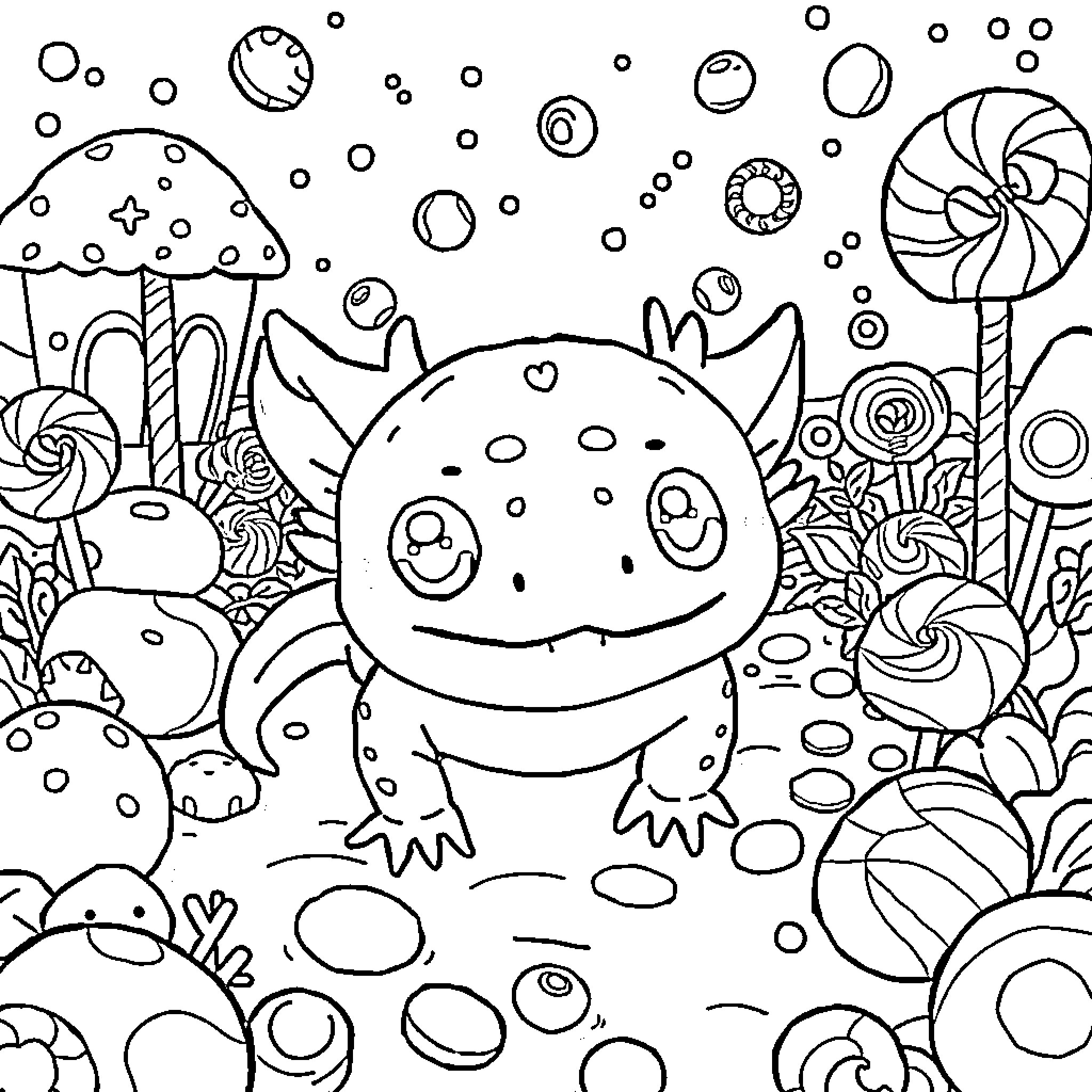 Axolotl surrounded by whimsical creatures Coloring Page (free black-and-white line drawing printable PDF for all, from beginners to advanced learners, including children, teens, adults, and seniors)