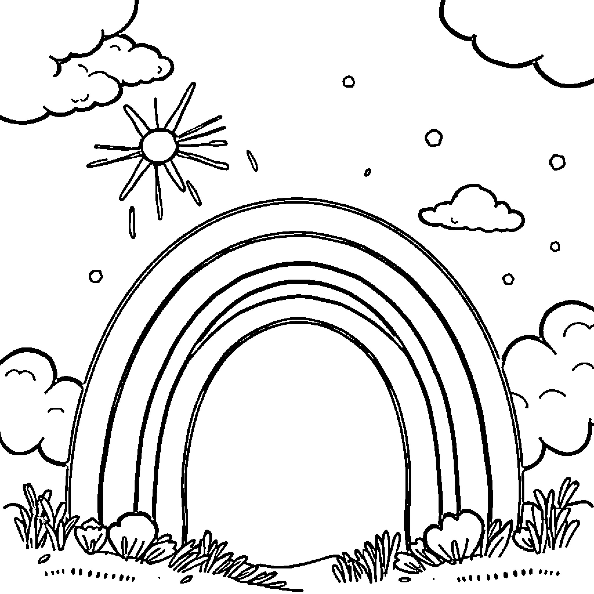 Rainbow Landscape of Clouds, Sun, and Grass Coloring Page (free black-and-white line drawing printable PDF for all, from beginners to advanced learners, including children, teens, adults, and seniors)