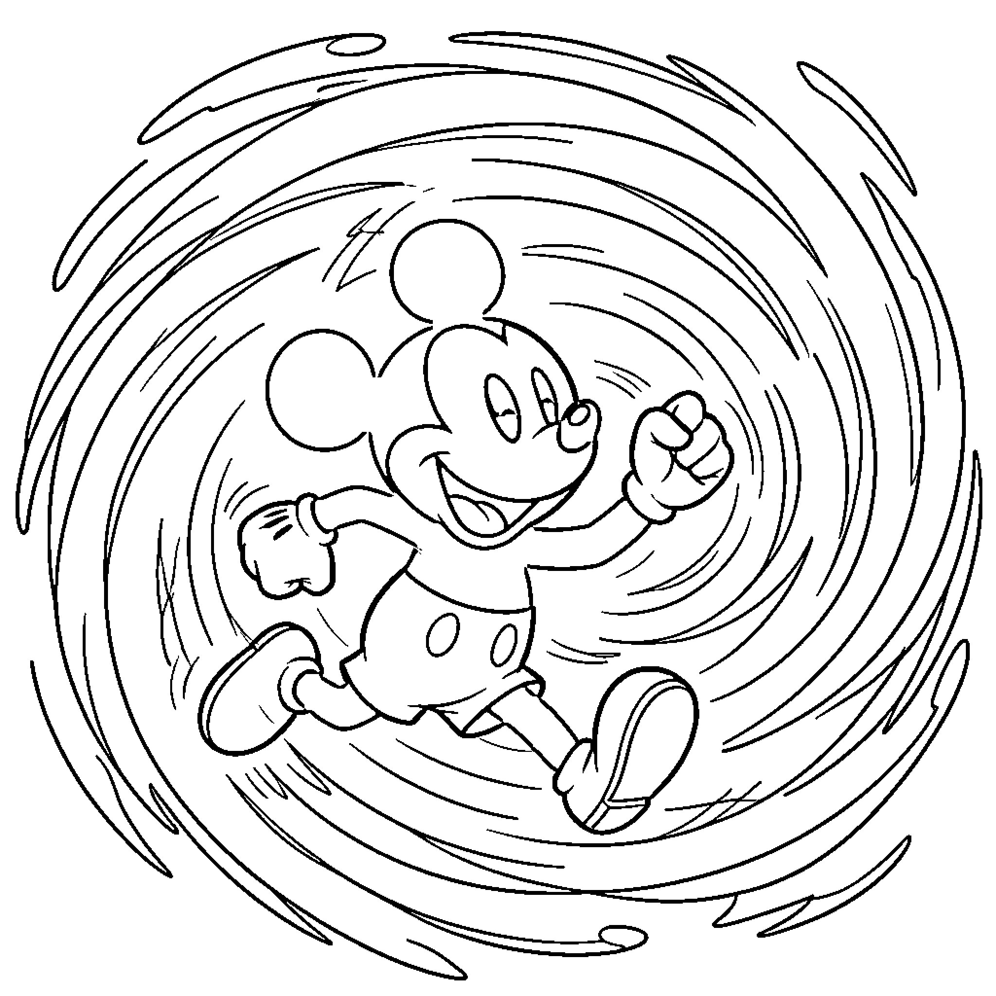 Mickey Mouse running through a swirling vortex Coloring Page (free black-and-white line drawing printable PDF for all, from beginners to advanced learners, including children, teens, adults, and seniors)