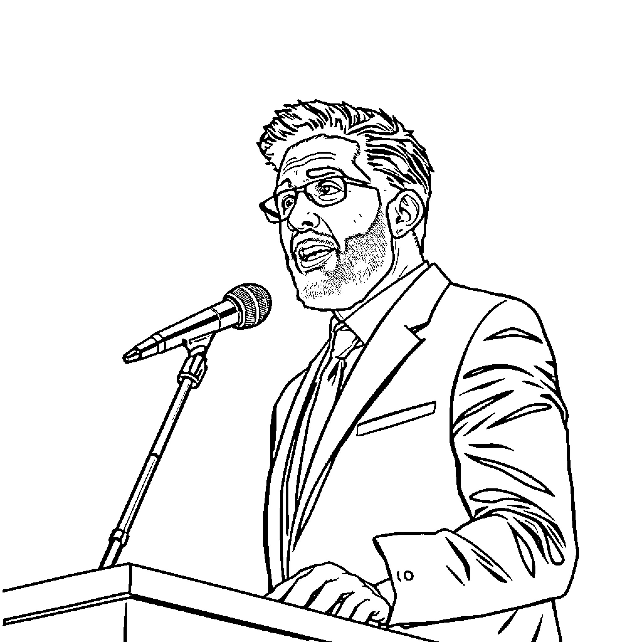 Kier Starmer speaking passionately at a podium Coloring Page (free black-and-white line drawing printable PDF for all, from beginners to advanced learners, including children, teens, adults, and seniors)