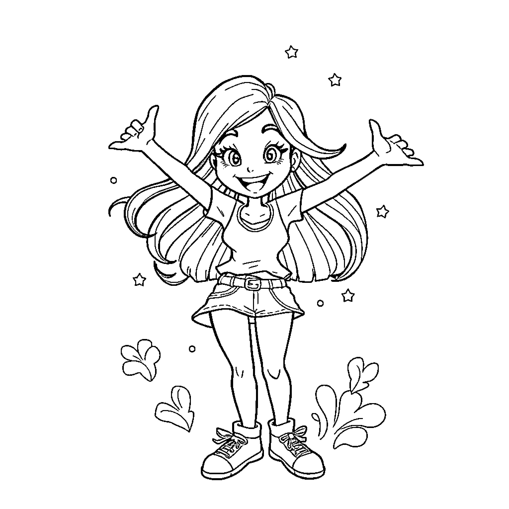 Lara's Joyful Celebration with Stars and Flowers Coloring Page (free black-and-white line drawing printable PDF for all, from beginners to advanced learners, including children, teens, adults, and seniors)