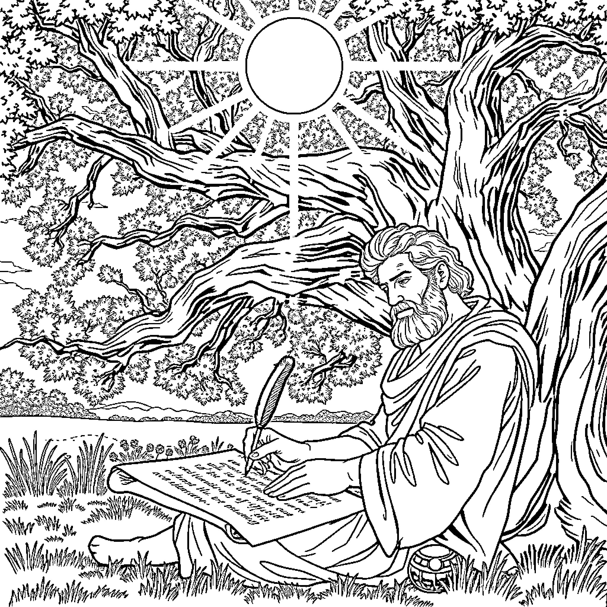 Aeschylus contemplating nature's beauty Coloring Page (free black-and-white line drawing printable PDF for all, from beginners to advanced learners, including children, teens, adults, and seniors)