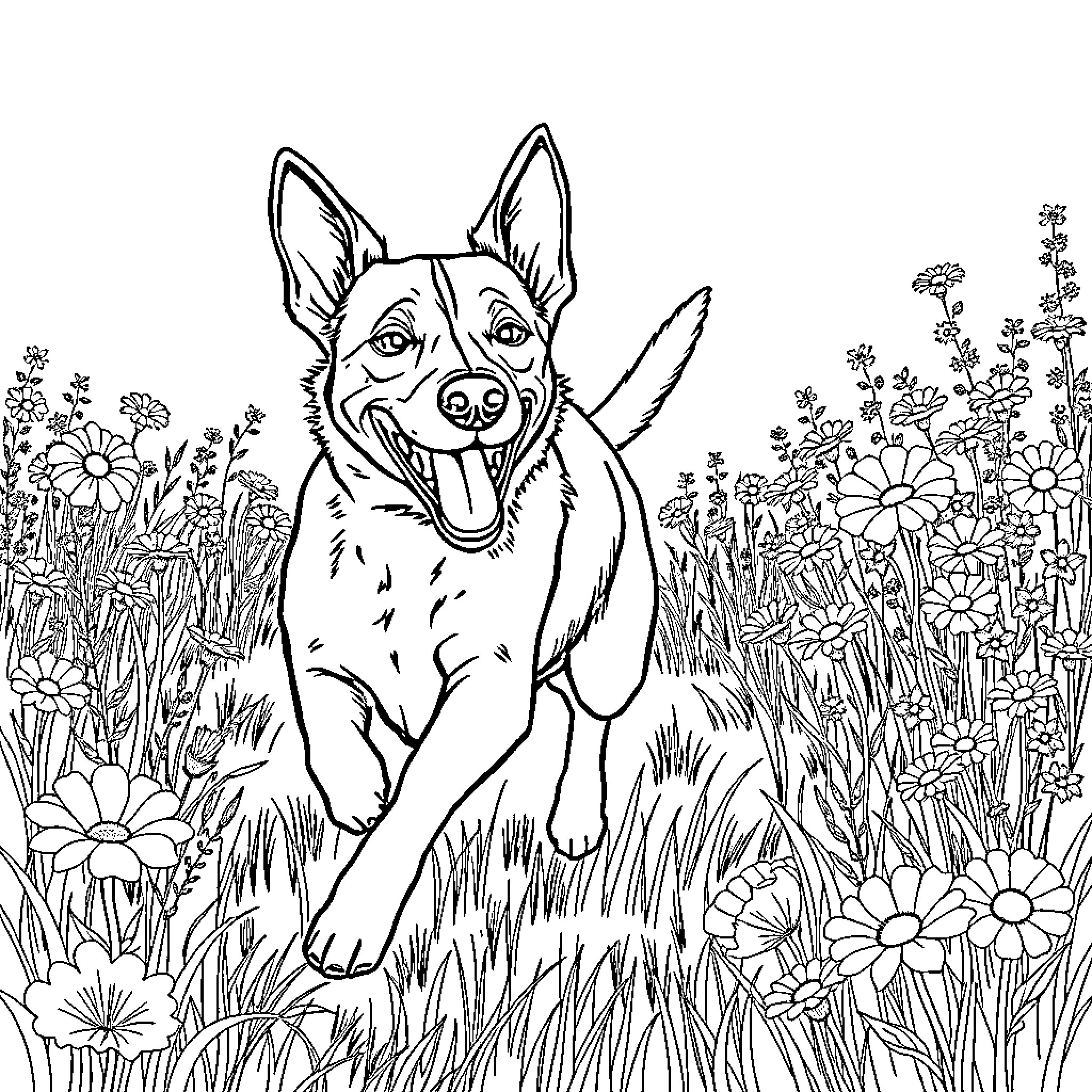 Basenji exploring a floral meadow Coloring Page (free black-and-white line drawing printable PDF for all, from beginners to advanced learners, including children, teens, adults, and seniors)