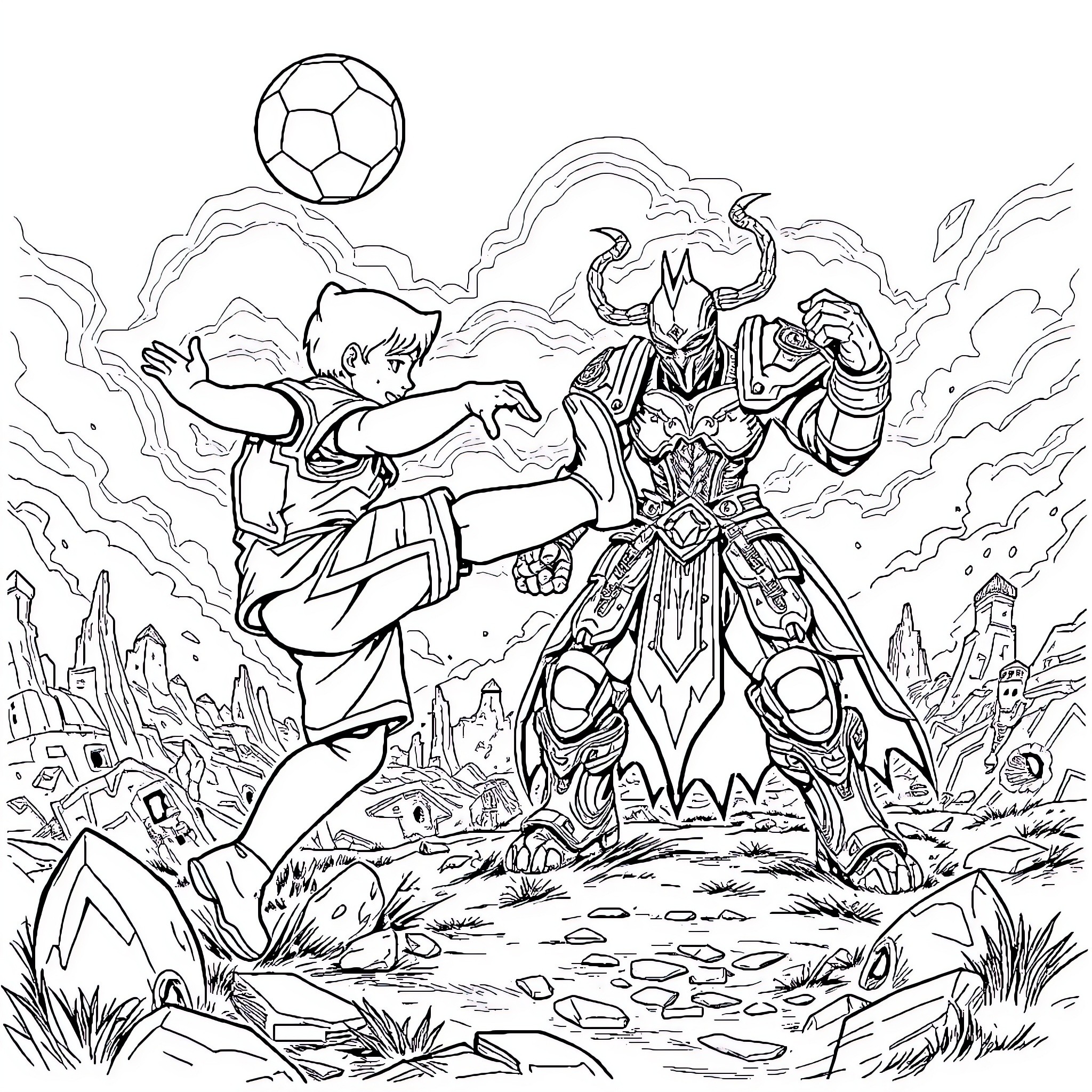 Cole's Fantastical Soccer Showdown with a Mighty Warrior Coloring Page (free black-and-white line drawing printable PDF for all, from beginners to advanced learners, including children, teens, adults, and seniors)