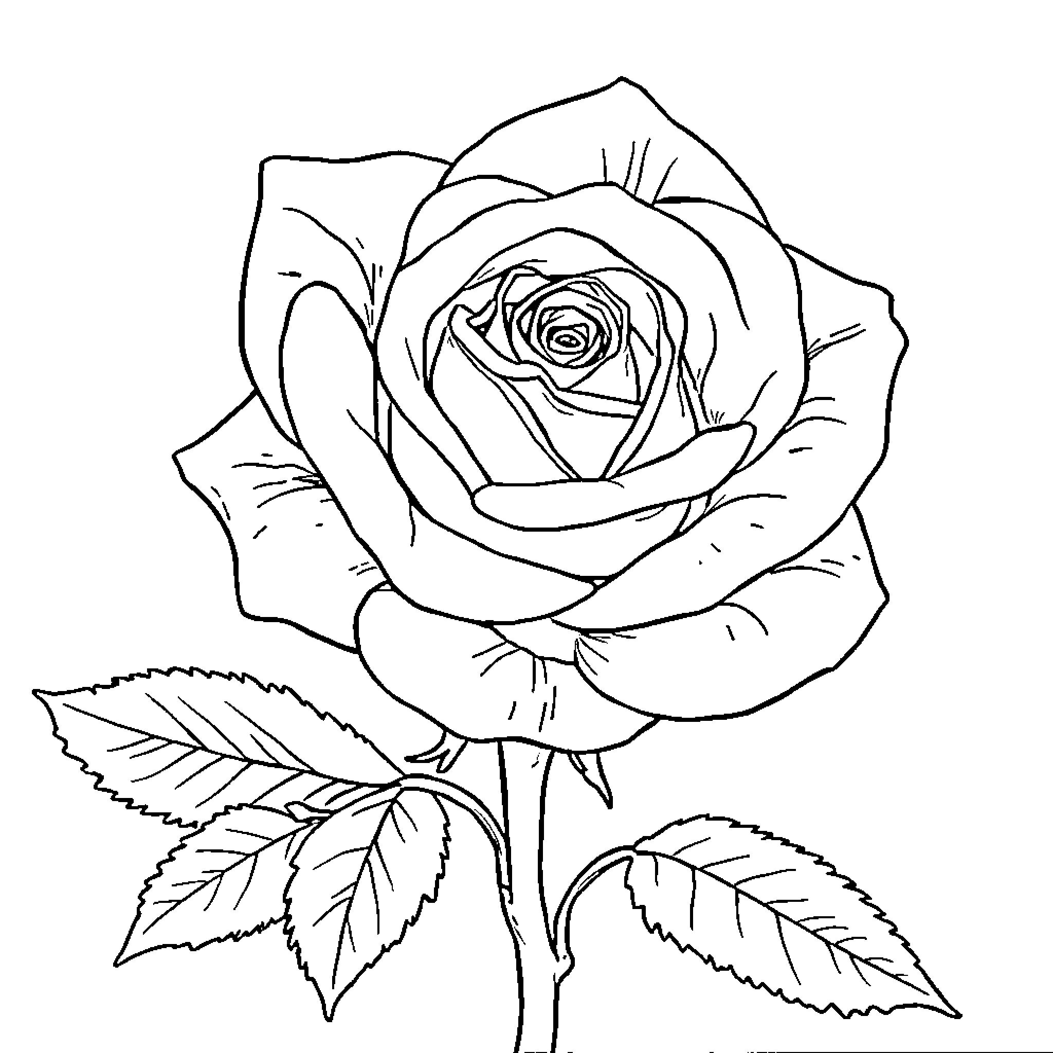 Rose blooming with delicate petals Coloring Page (free black-and-white line drawing printable PDF for all, from beginners to advanced learners, including children, teens, adults, and seniors)