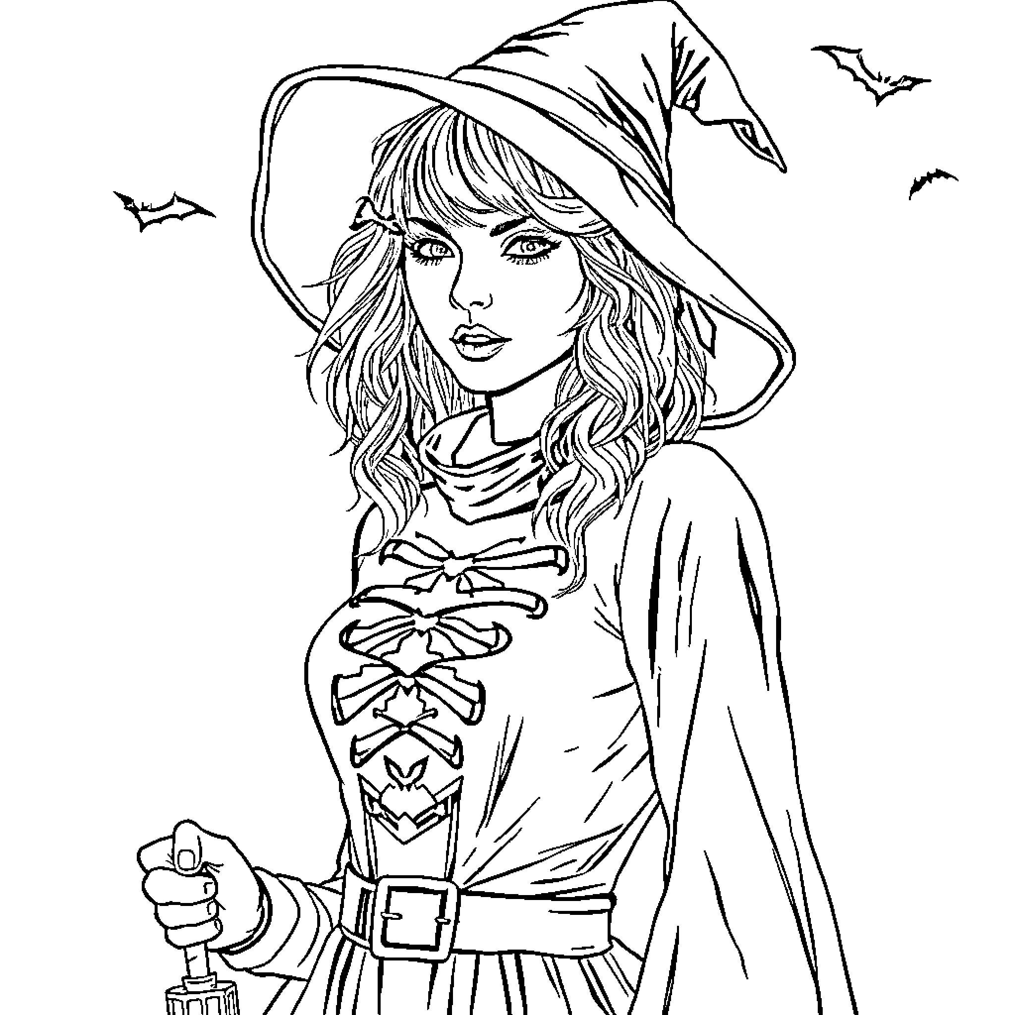 Taylor Swift Portrays Witch in Spooky Halloween Scene Coloring Page (free black-and-white line drawing printable PDF for all, from beginners to advanced learners, including children, teens, adults, and seniors)