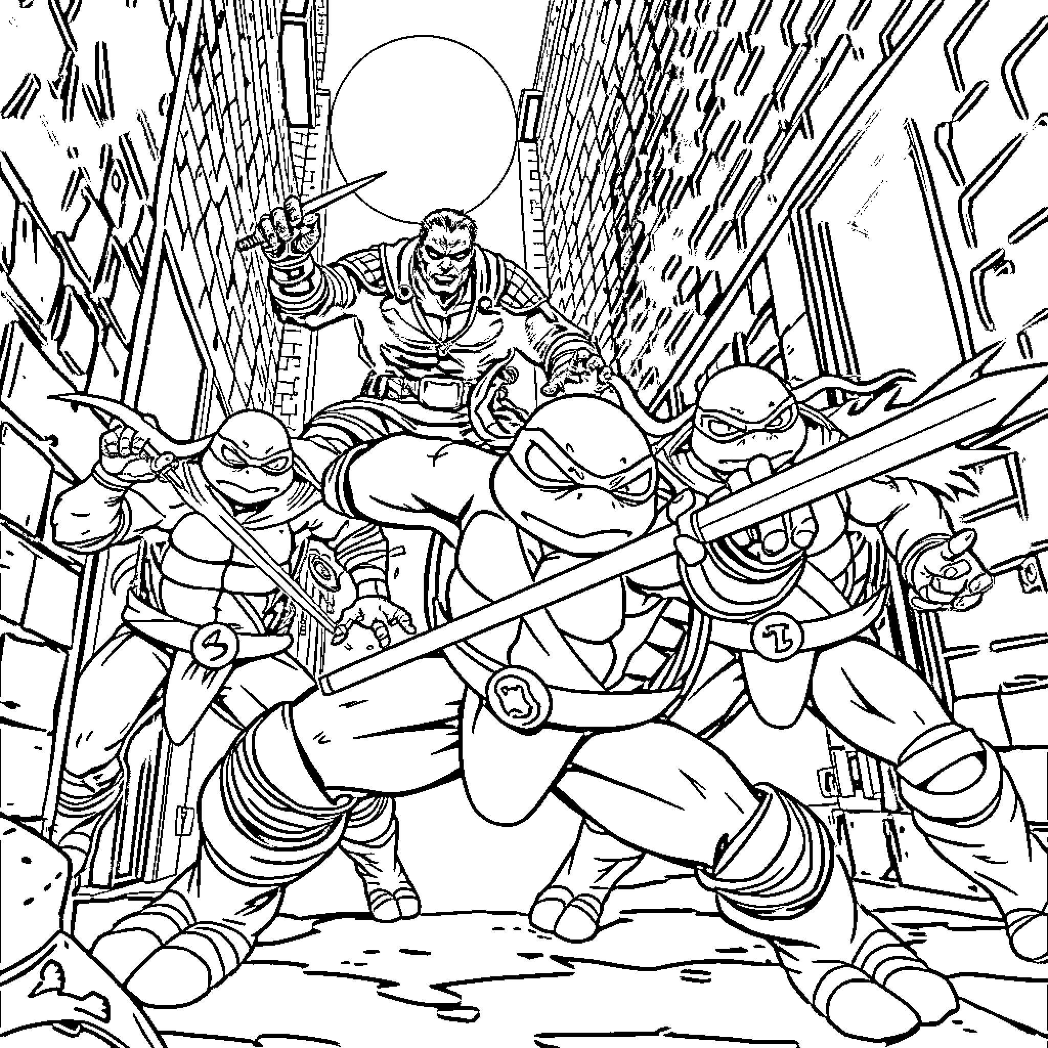 Leonardo and the Ninja Turtles battle against the Foot Clan Coloring Page (free black-and-white line drawing printable PDF for all, from beginners to advanced learners, including children, teens, adults, and seniors)