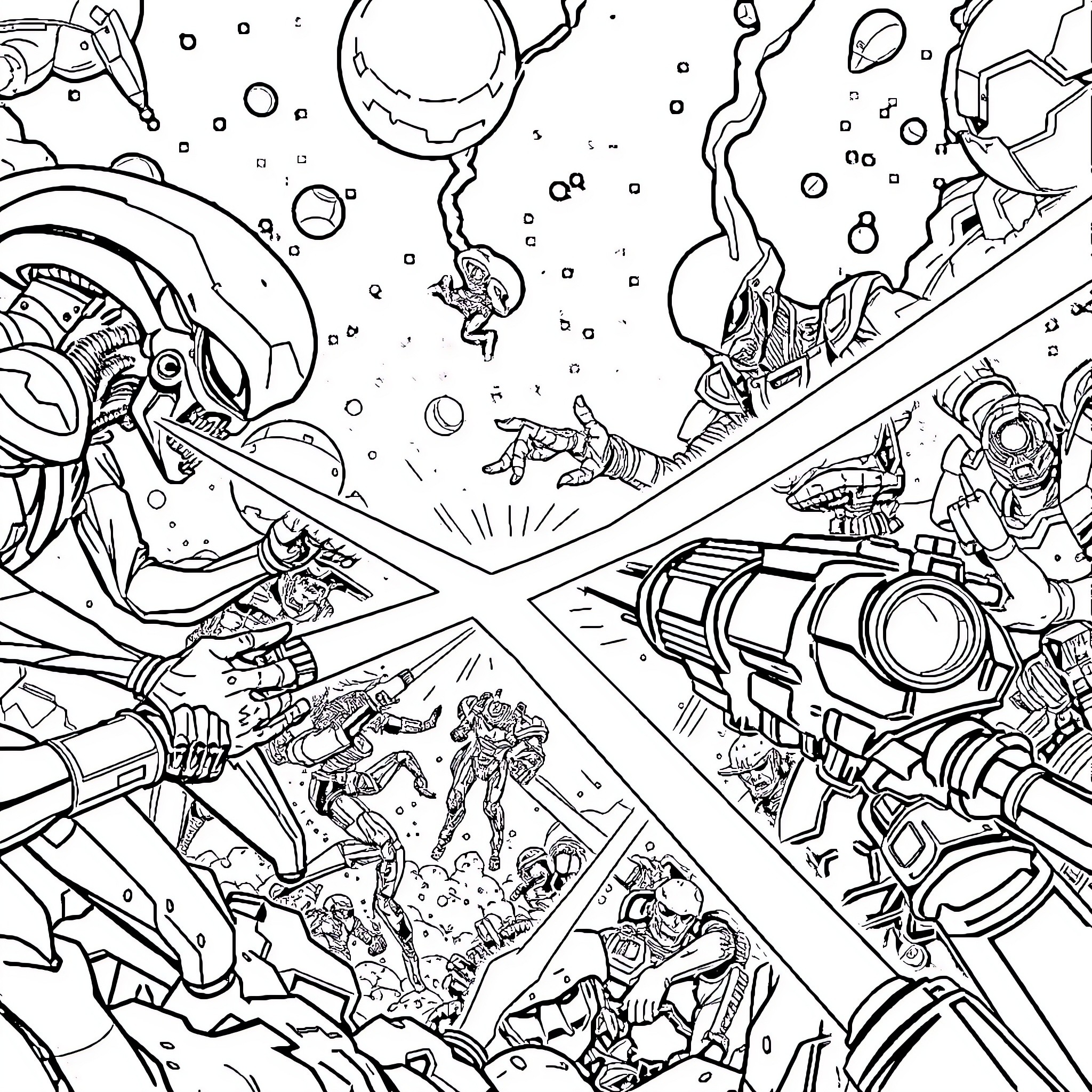 Alien battle in the depths of space Coloring Page (free black-and-white line drawing printable PDF for all, from beginners to advanced learners, including children, teens, adults, and seniors)