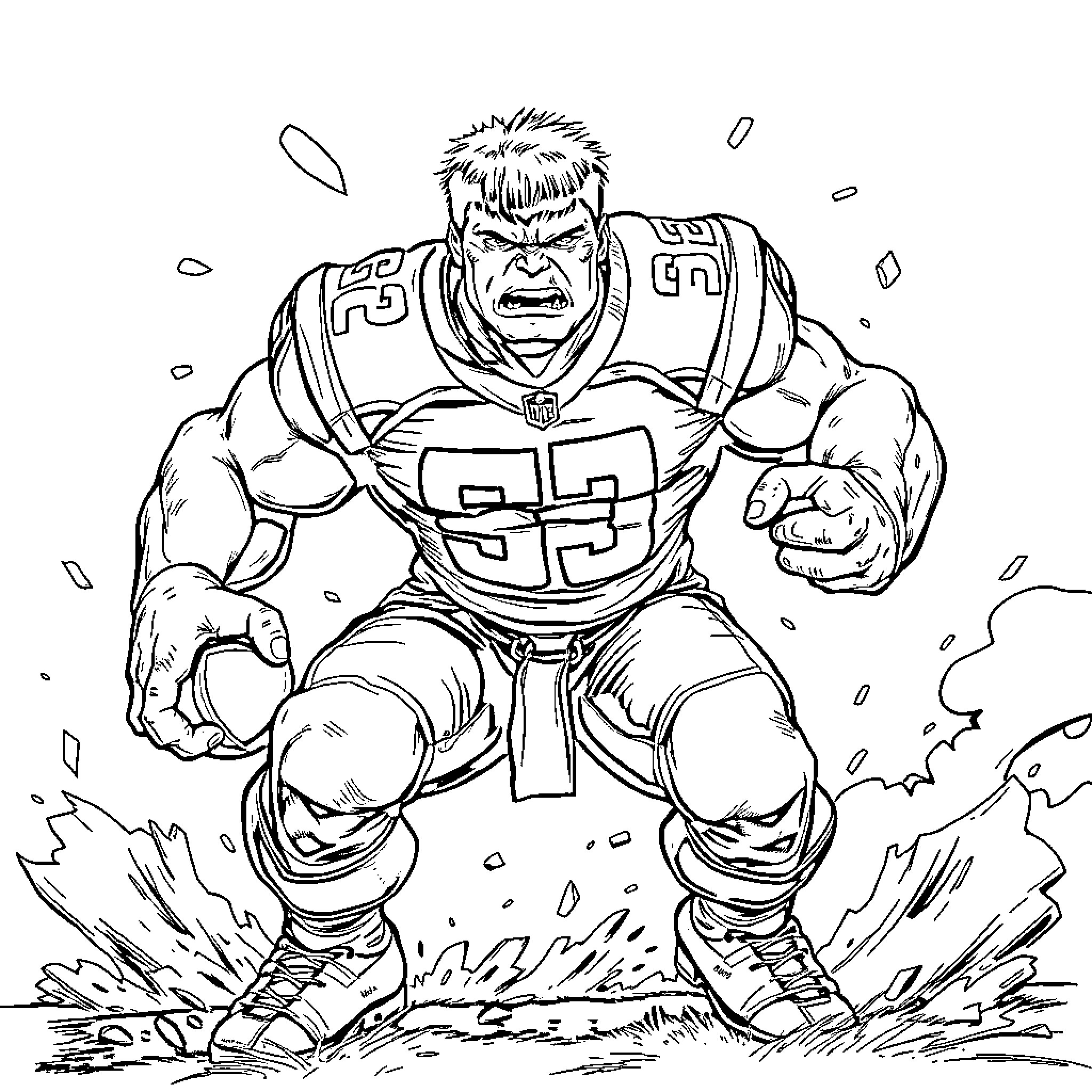 Hulk Stomping through Debris and Destruction Coloring Page (free black-and-white line drawing printable PDF for all, from beginners to advanced learners, including children, teens, adults, and seniors)