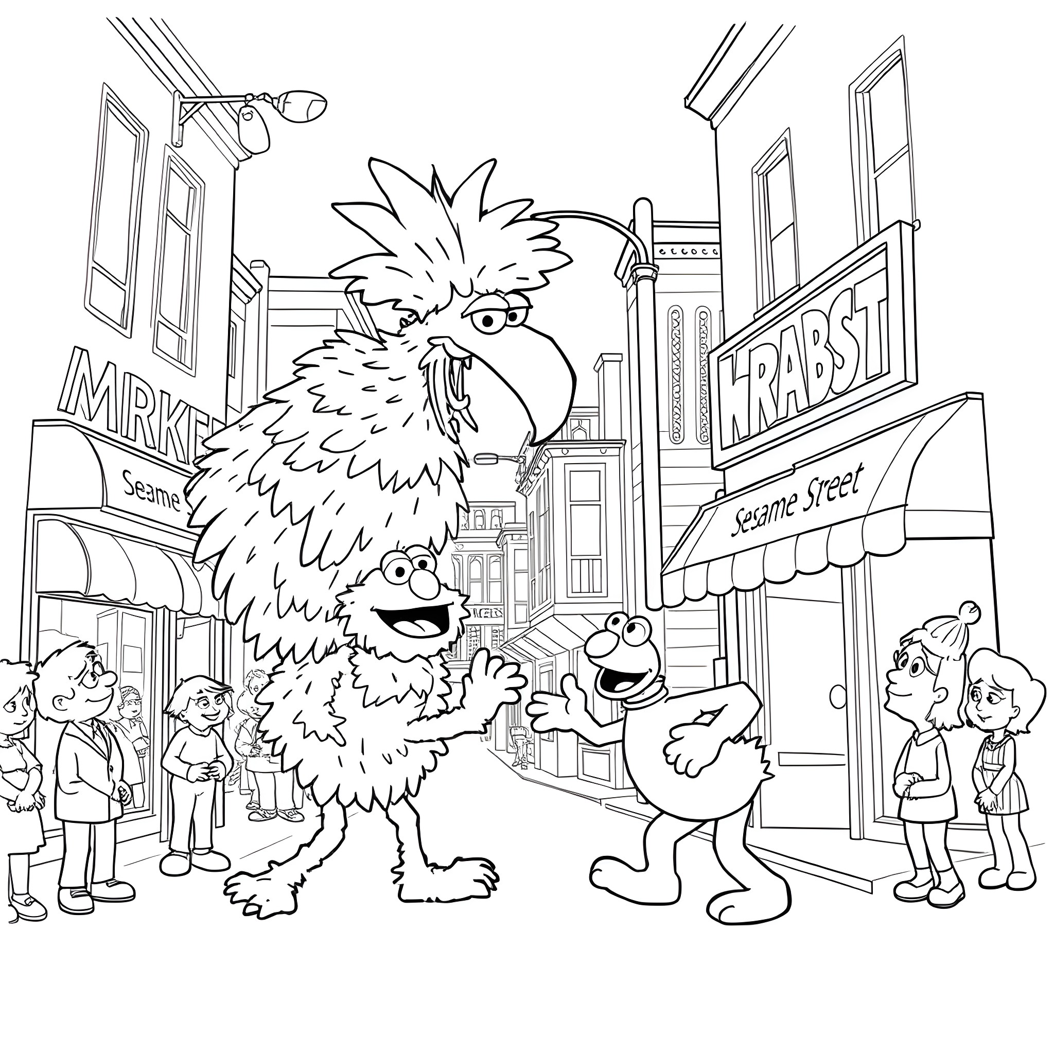 Big Bird's Adventures in the City Streets Coloring Page (free black-and-white line drawing printable PDF for all, from beginners to advanced learners, including children, teens, adults, and seniors)