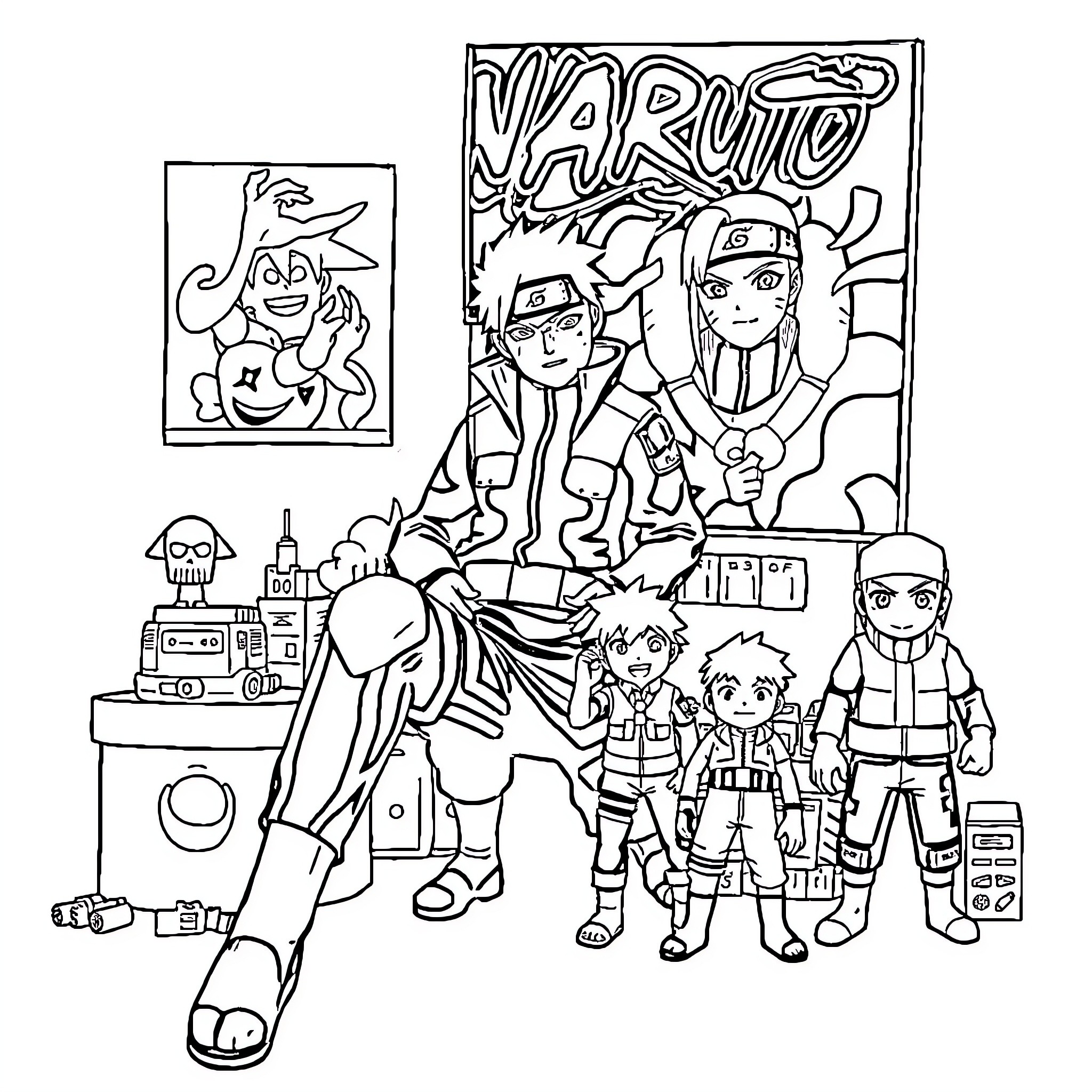 Naruto Characters in Action Poses Coloring Page (free black-and-white line drawing printable PDF for all, from beginners to advanced learners, including children, teens, adults, and seniors)