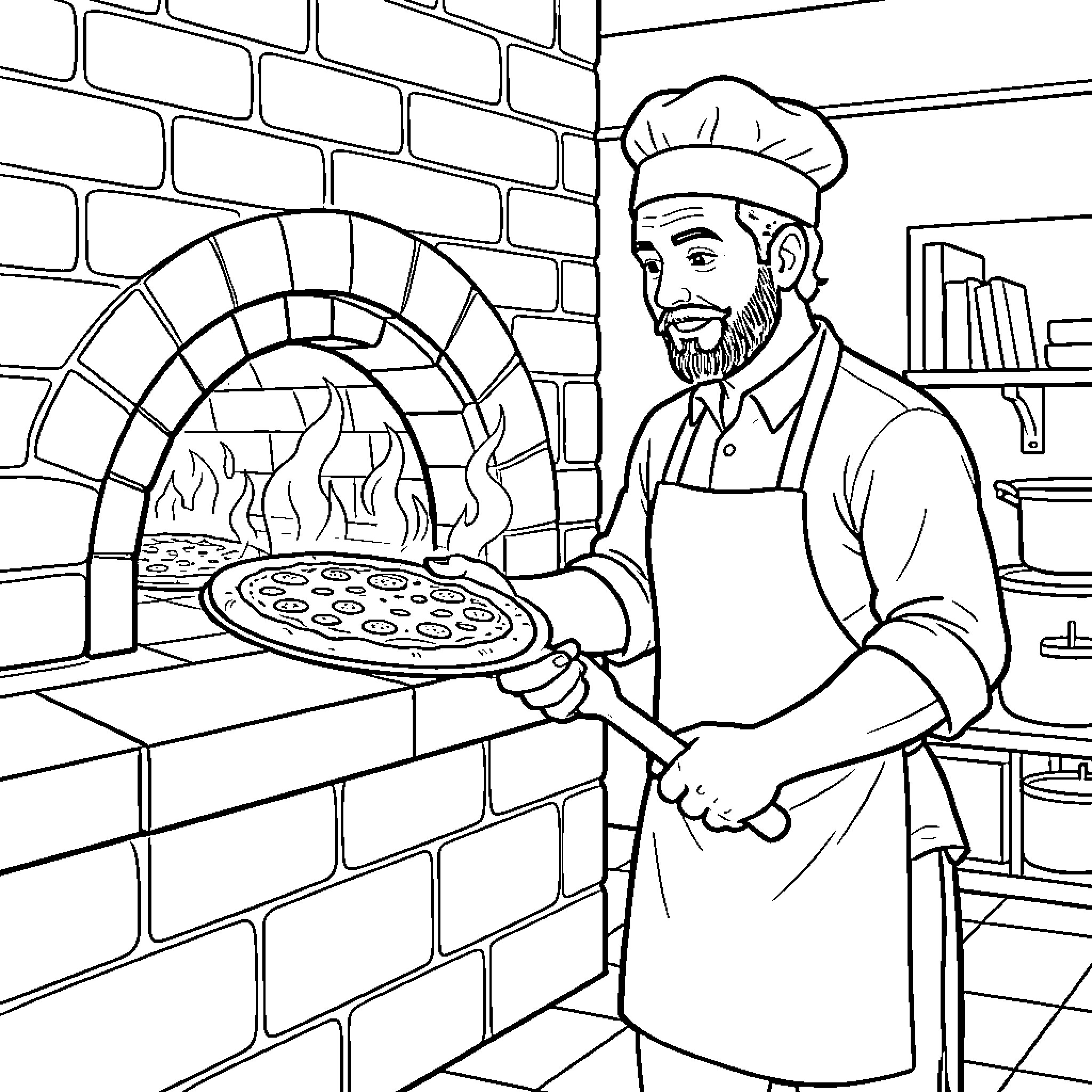 Pizzaiolo Preparing a Delicious Pizza in Wood-Fired Oven Coloring Page (free black-and-white line drawing printable PDF for all, from beginners to advanced learners, including children, teens, adults, and seniors)