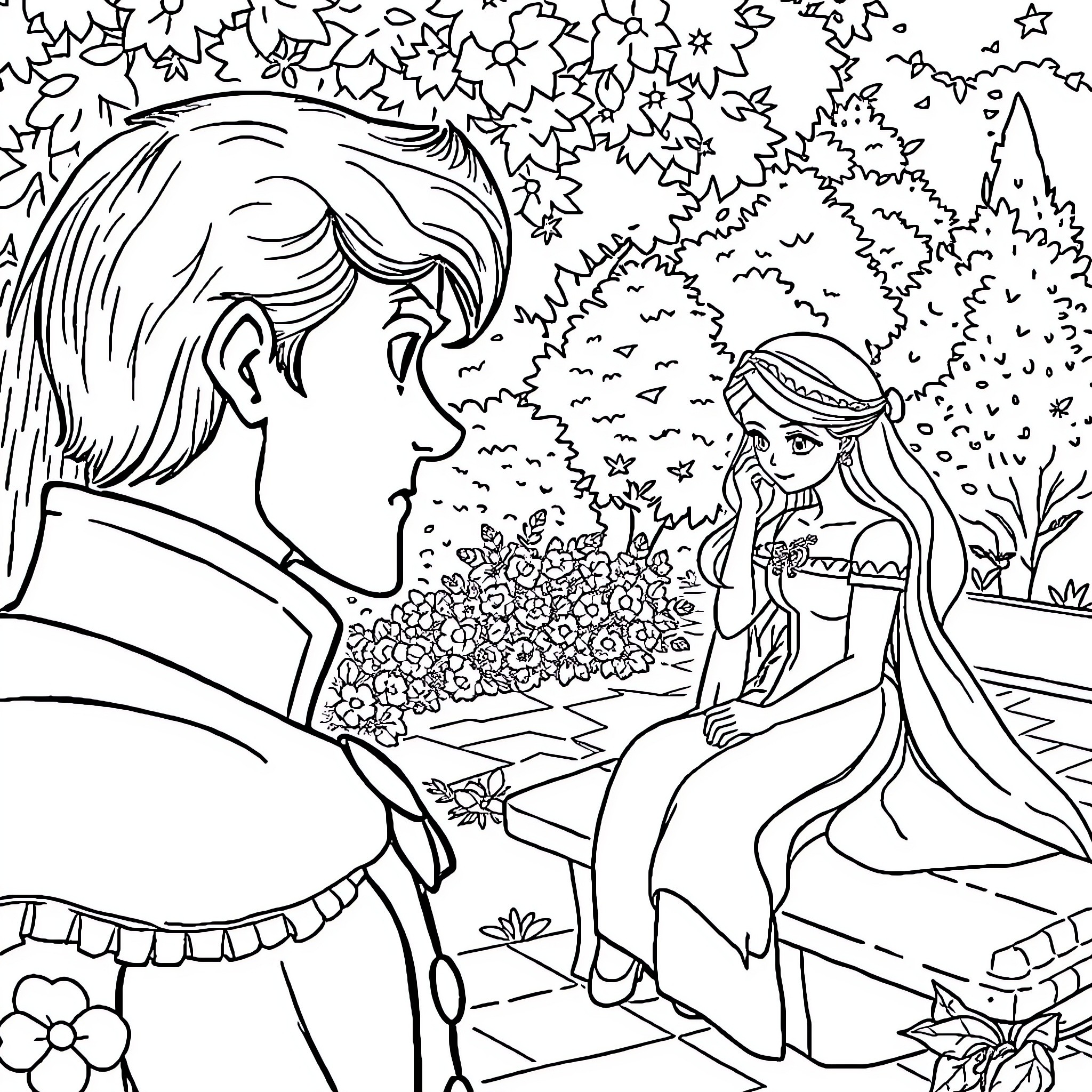 Prince and Princess in Enchanted Garden Coloring Page (free black-and-white line drawing printable PDF for all, from beginners to advanced learners, including children, teens, adults, and seniors)