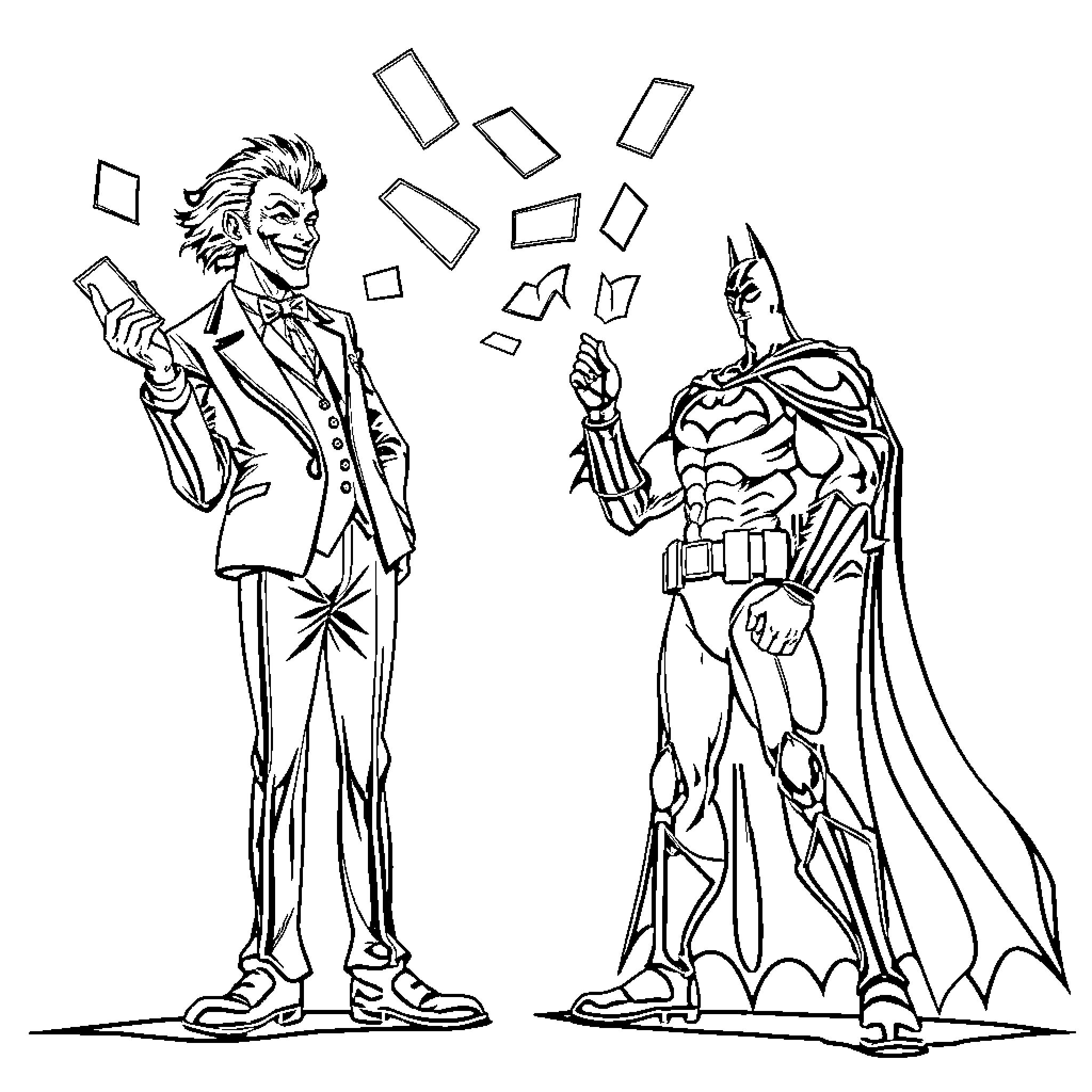 Joker and Batman in showdown with smashed windows Coloring Page (free black-and-white line drawing printable PDF for all, from beginners to advanced learners, including children, teens, adults, and seniors)