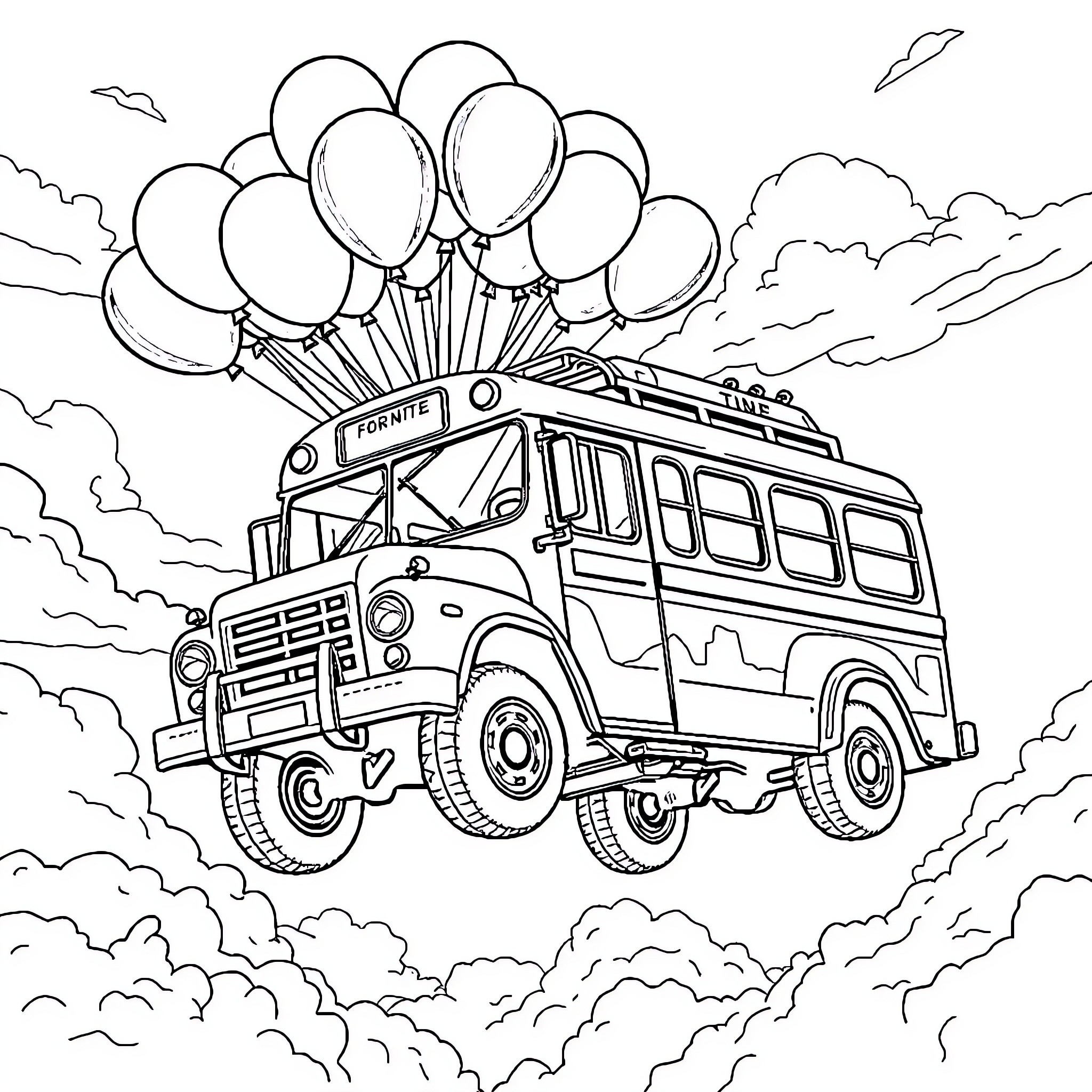Fortnite Battle Bus soaring through the clouds Coloring Page (free black-and-white line drawing printable PDF for all, from beginners to advanced learners, including children, teens, adults, and seniors)