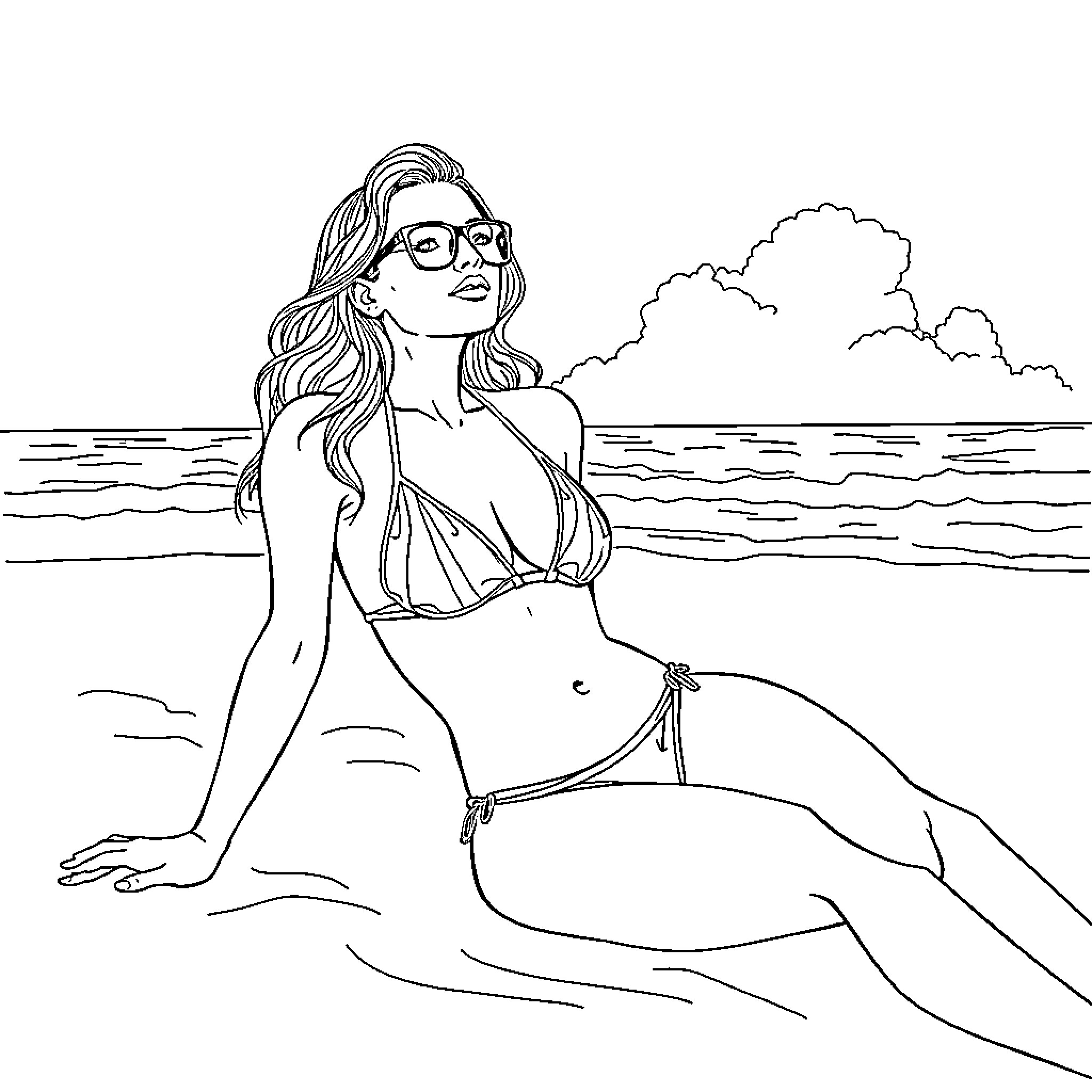 Jessica Alba posing on the beach in a swimsuit Coloring Page (free black-and-white line drawing printable PDF for all, from beginners to advanced learners, including children, teens, adults, and seniors)