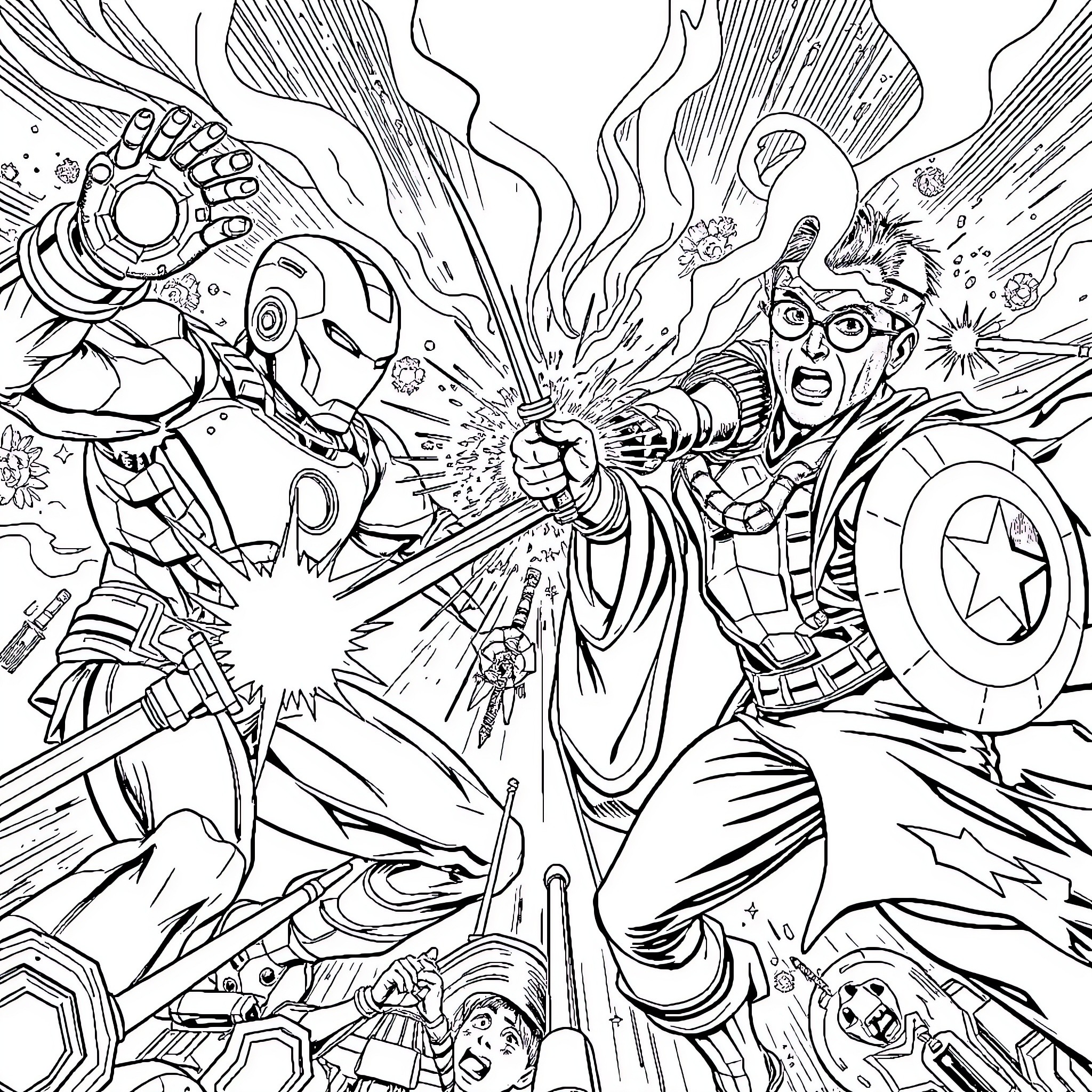 Marvel Characters in Intense Battle Scene Coloring Page (free black-and-white line drawing printable PDF for all, from beginners to advanced learners, including children, teens, adults, and seniors)