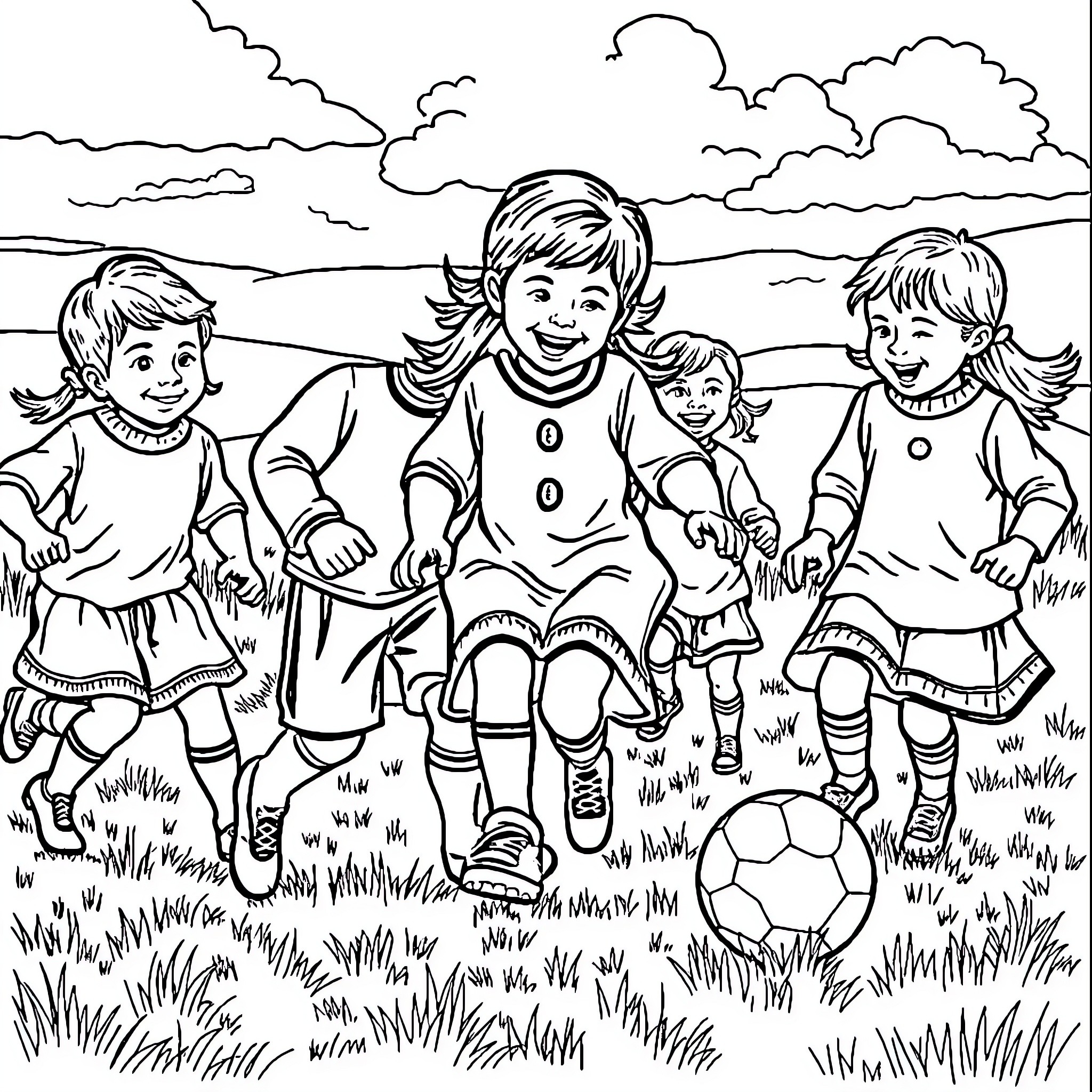 Children playing happily with a soccer ball in the park Coloring Page (free black-and-white line drawing printable PDF for all, from beginners to advanced learners, including children, teens, adults, and seniors)