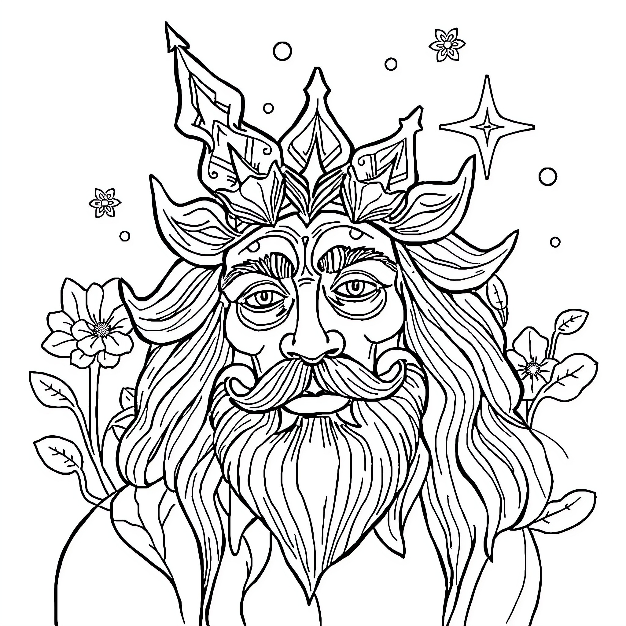 Master Whimsical Nature Spirit Coloring Page (free black-and-white line drawing printable PDF for all, from beginners to advanced learners, including children, teens, adults, and seniors)