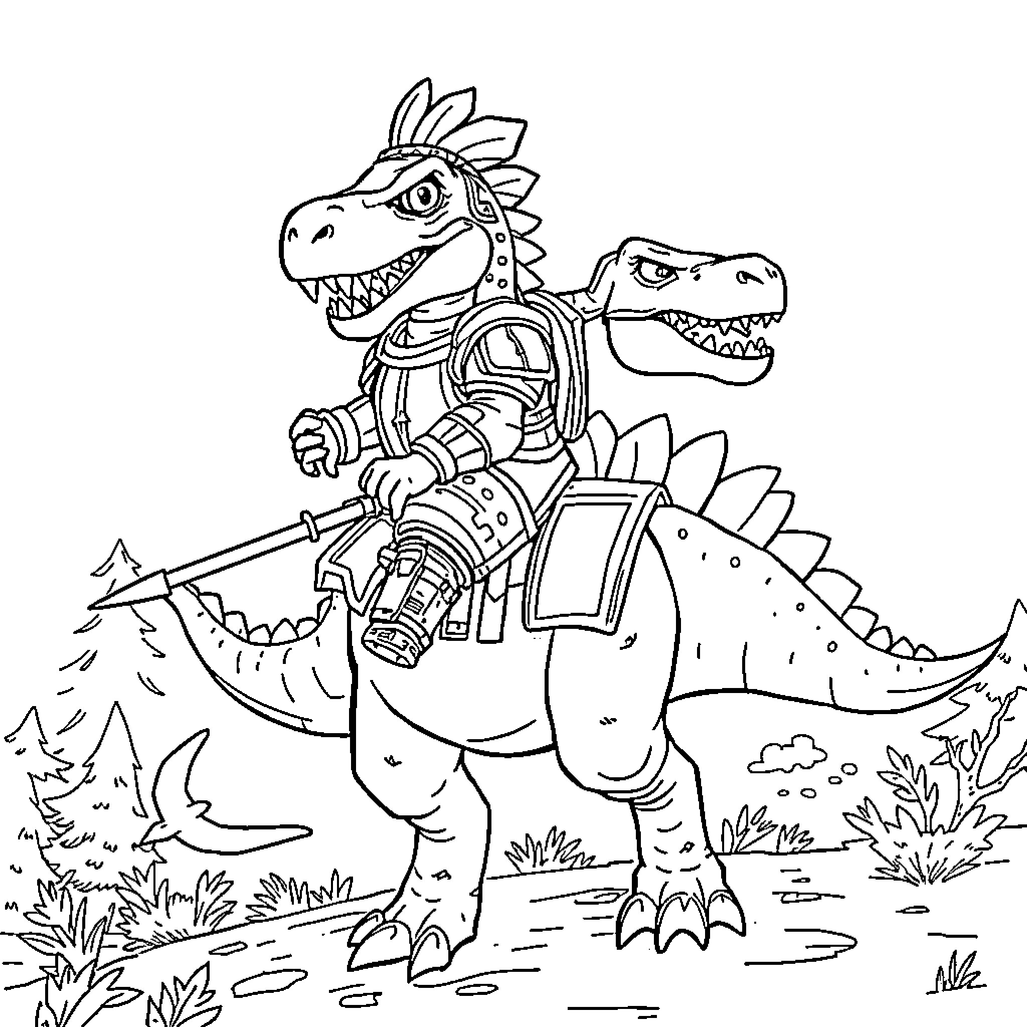 Koet Robotic Dinosaurs in Lush Landscape Coloring Page (free black-and-white line drawing printable PDF for all, from beginners to advanced learners, including children, teens, adults, and seniors)