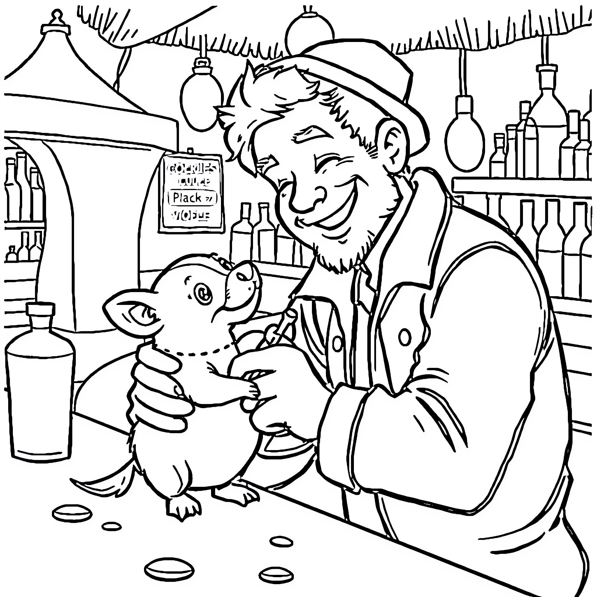 Barman interacting with friendly animal in quirky scene Coloring Page (free black-and-white line drawing printable PDF for all, from beginners to advanced learners, including children, teens, adults, and seniors)