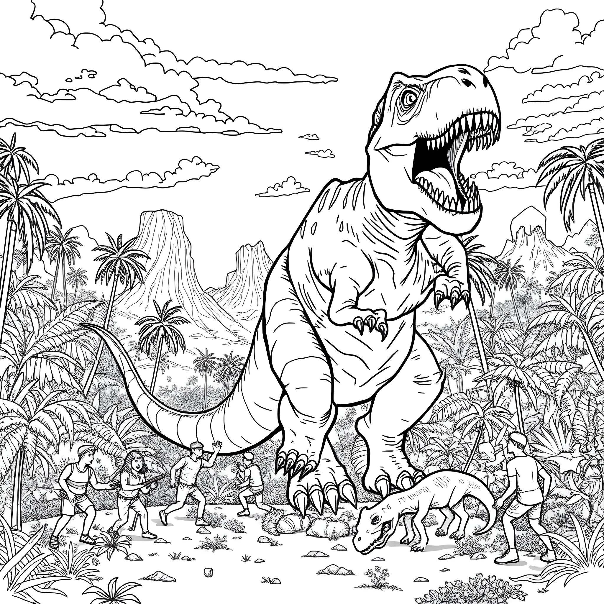 Dinosaur roaring in the prehistoric landscape Coloring Page (free black-and-white line drawing printable PDF for all, from beginners to advanced learners, including children, teens, adults, and seniors)