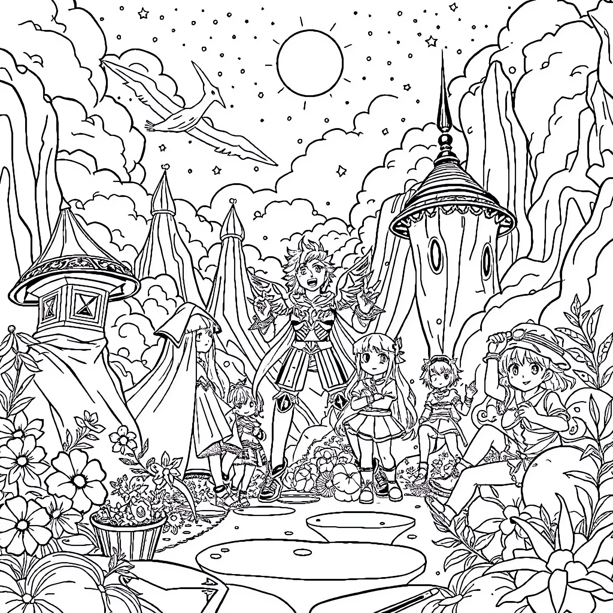 Anime Fantasy World with Magical Characters Coloring Page (free black-and-white line drawing printable PDF for all, from beginners to advanced learners, including children, teens, adults, and seniors)