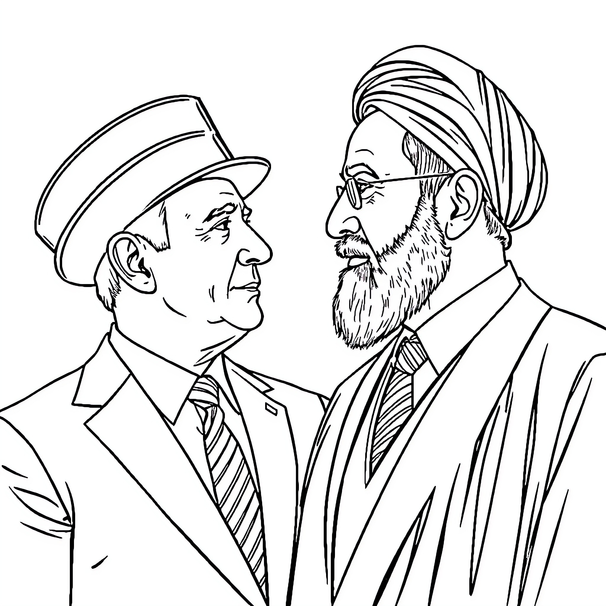 Benjamin Netanyahu in Conversation with Influential Leader Coloring Page (free black-and-white line drawing printable PDF for all, from beginners to advanced learners, including children, teens, adults, and seniors)