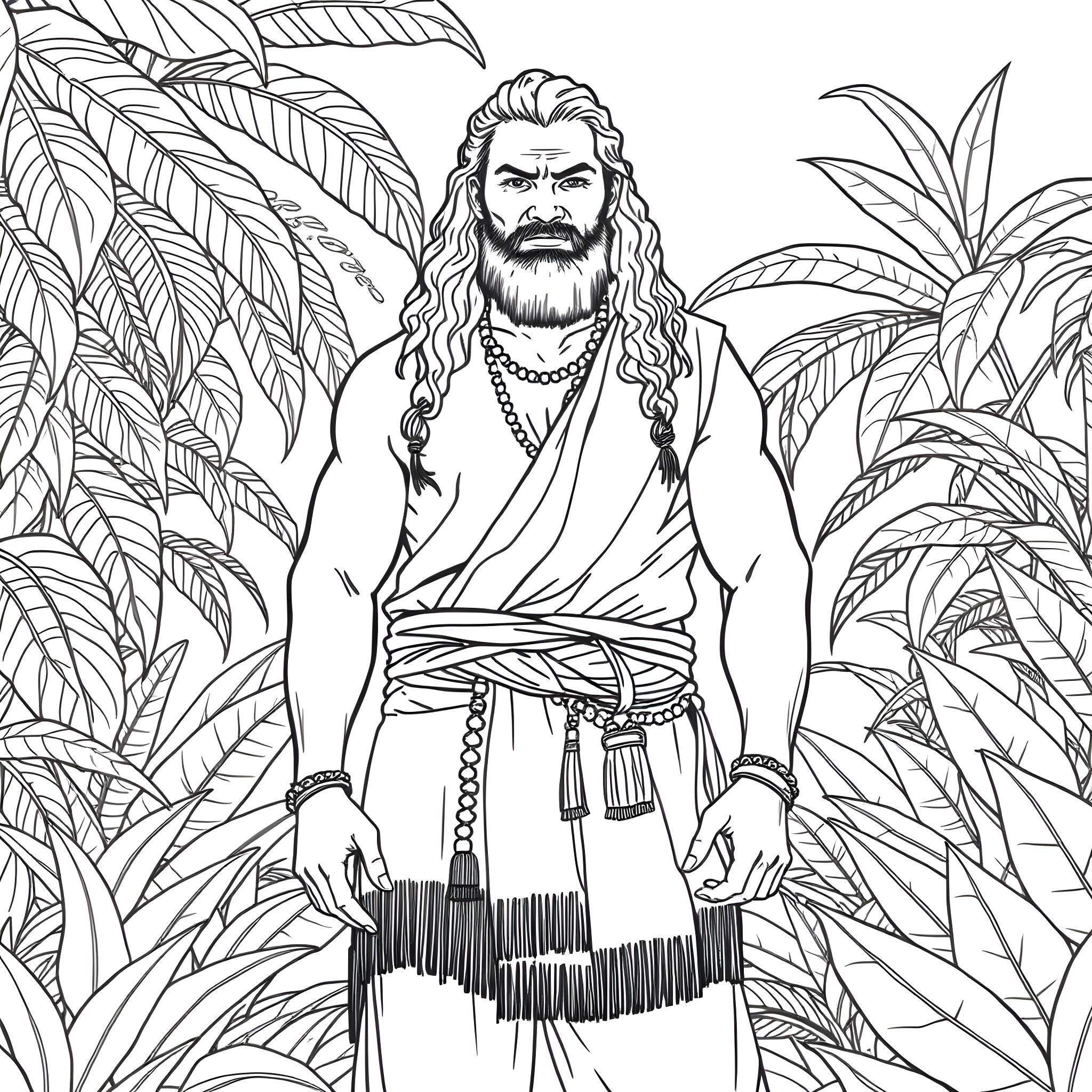 Jason Momoa in a tropical jungle setting Coloring Page (free black-and-white line drawing printable PDF for all, from beginners to advanced learners, including children, teens, adults, and seniors)