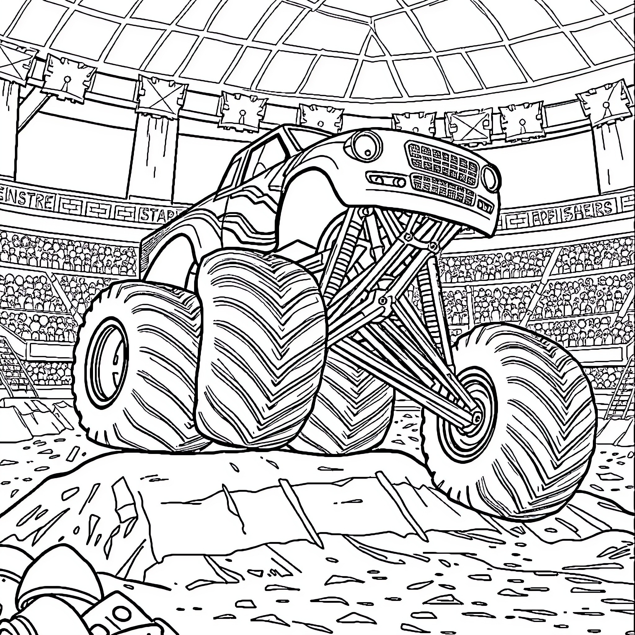 Monster Truck Crushing Competition in the Stadium Coloring Page (free black-and-white line drawing printable PDF for all, from beginners to advanced learners, including children, teens, adults, and seniors)