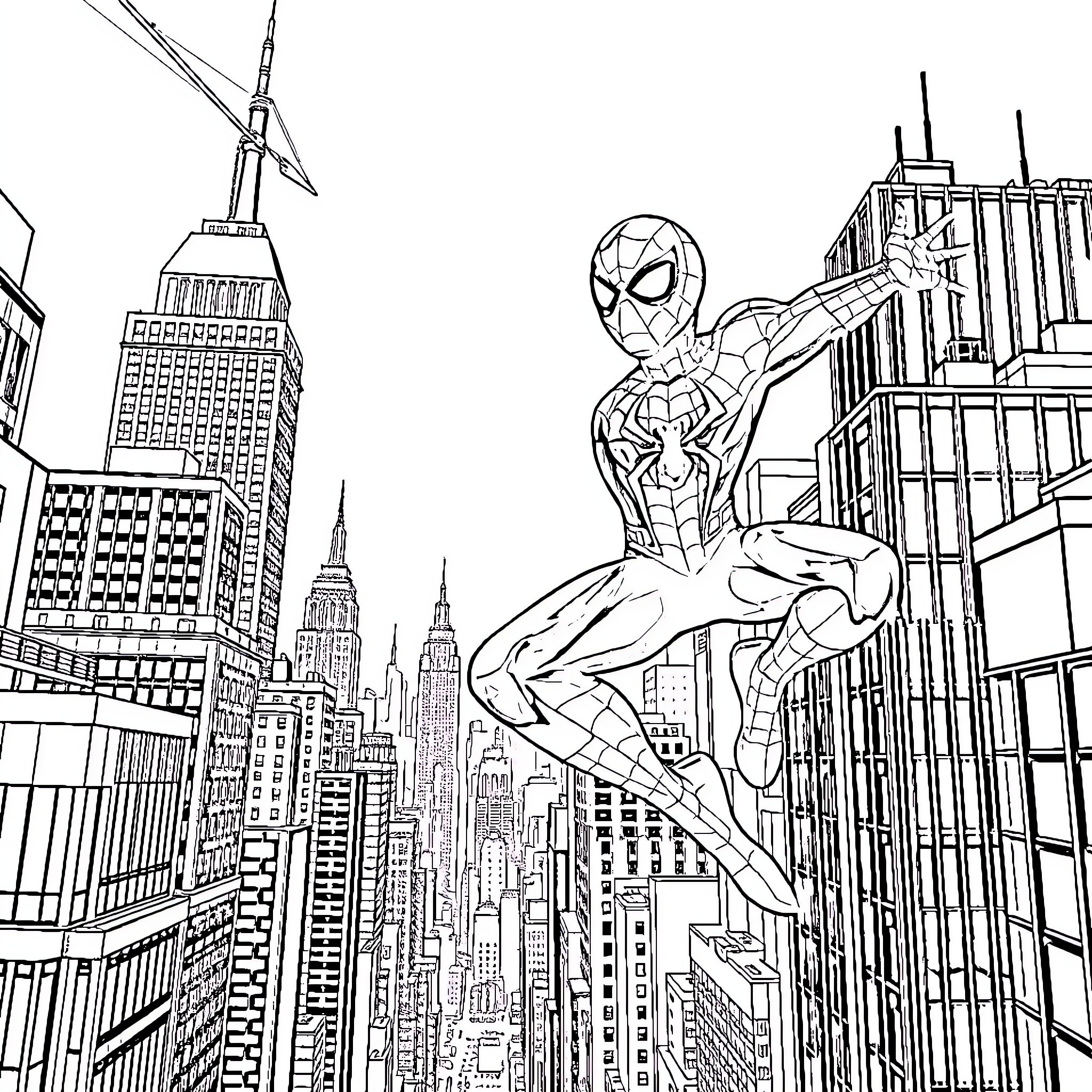 Spiderman swinging through the cityscape Coloring Page (free black-and-white line drawing printable PDF for all, from beginners to advanced learners, including children, teens, adults, and seniors)