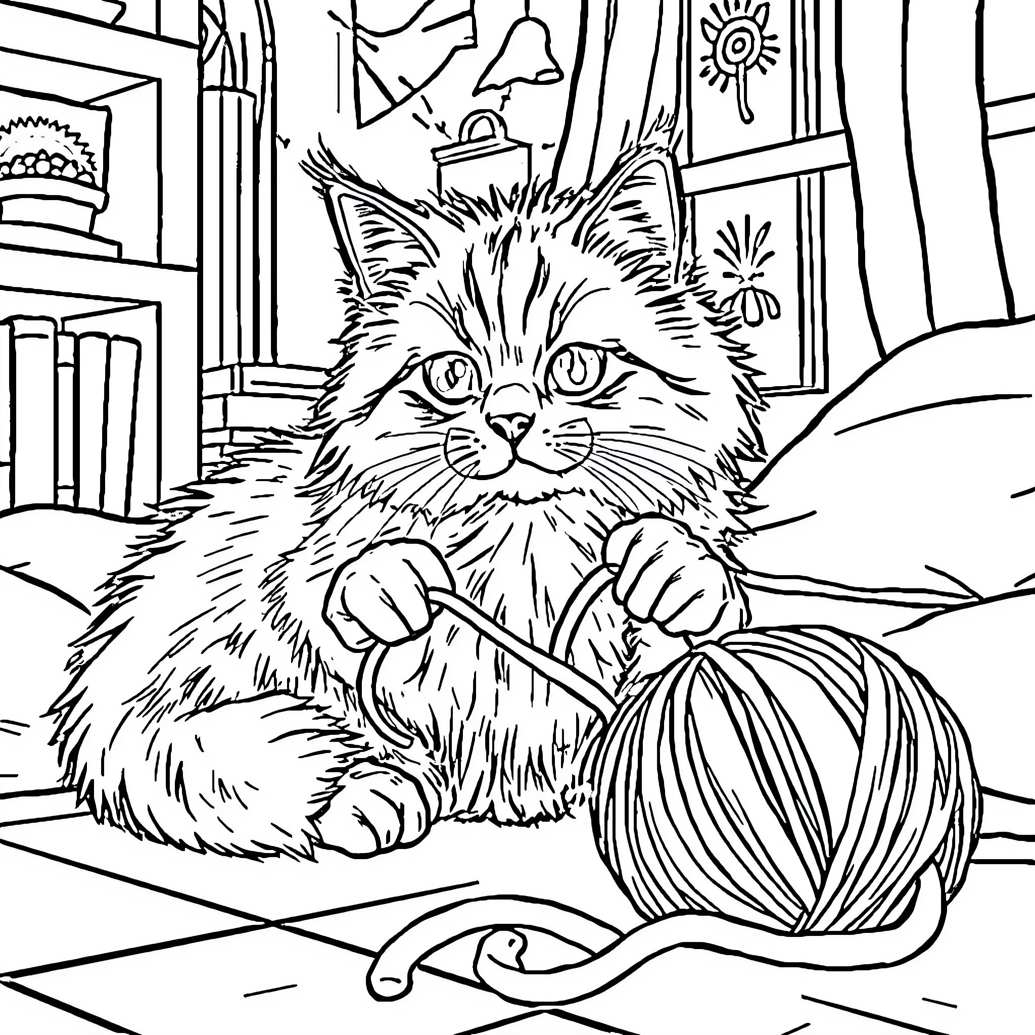 Cat playing with a ball of yarn in a cozy home Coloring Page (free black-and-white line drawing printable PDF for all, from beginners to advanced learners, including children, teens, adults, and seniors)